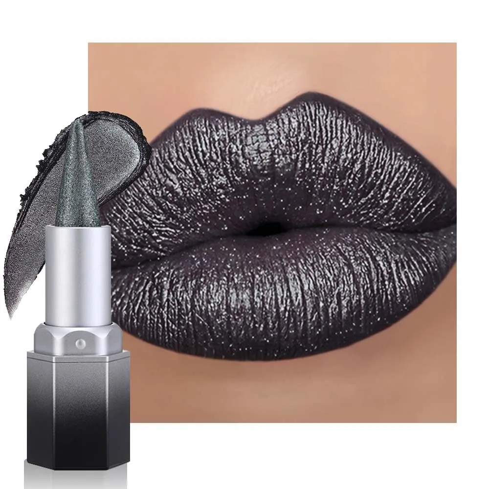 FeiCuiYun Black Silver Metallic Lipstick & Lip Liner Combo For Women with Metallic 3D Shine Lightweight Hydrating Formula, Cone Tip Lip Crayon Long Lasting Waterproof, Hydrating Lipstick Makeup