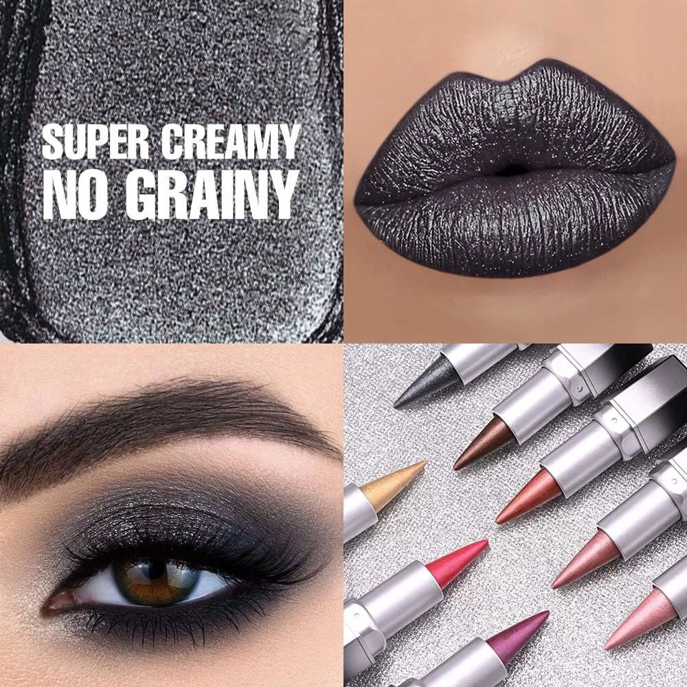 FeiCuiYun Black Silver Metallic Lipstick & Lip Liner Combo For Women with Metallic 3D Shine Lightweight Hydrating Formula, Cone Tip Lip Crayon Long Lasting Waterproof, Hydrating Lipstick Makeup
