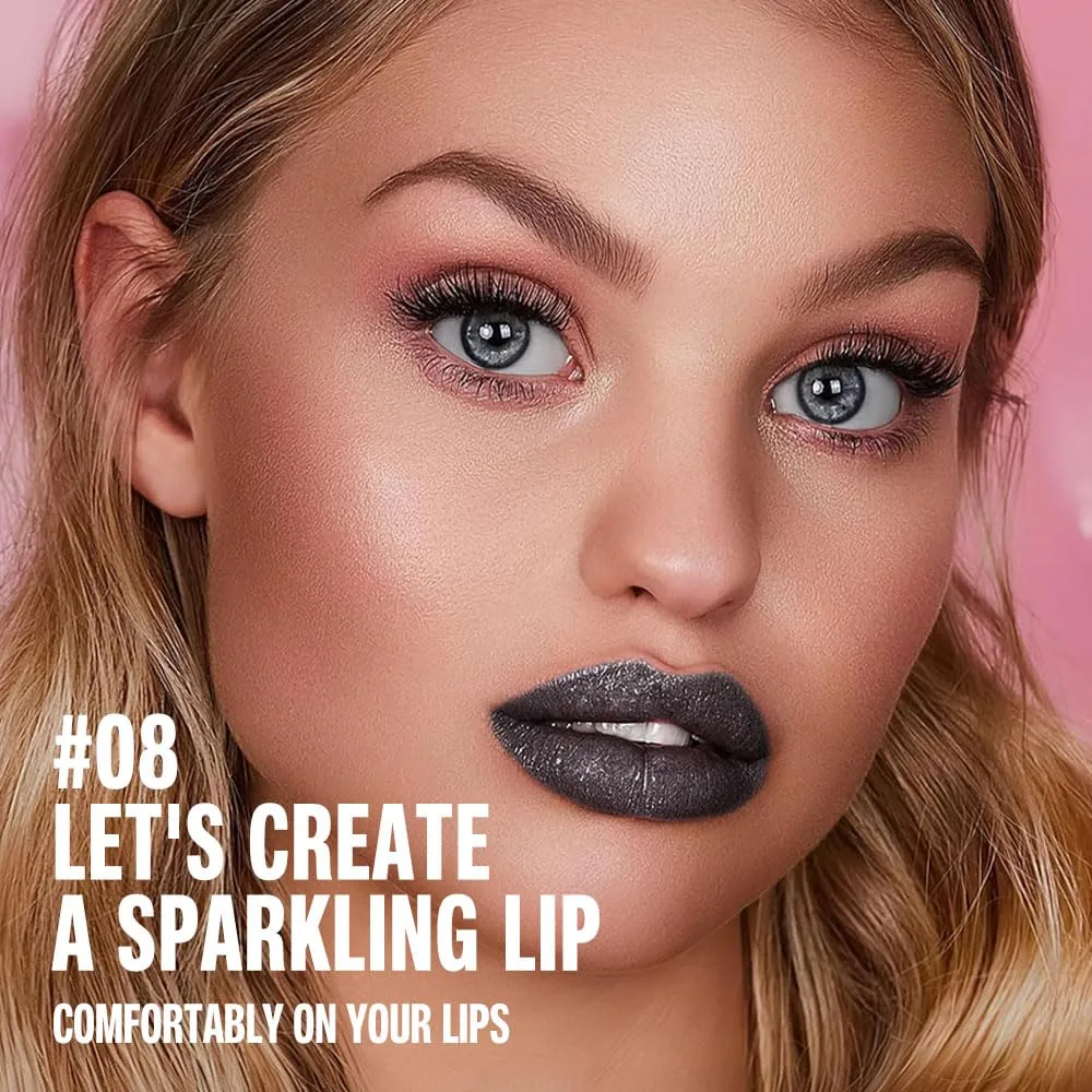 FeiCuiYun Black Silver Metallic Lipstick & Lip Liner Combo For Women with Metallic 3D Shine Lightweight Hydrating Formula, Cone Tip Lip Crayon Long Lasting Waterproof, Hydrating Lipstick Makeup