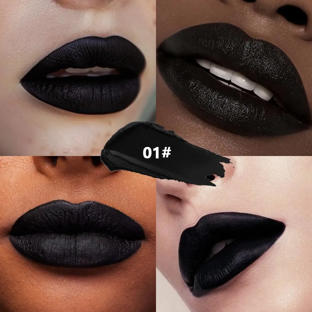 Kaely Black Matte Lipstick for Women, Pigmented Lip Gloss Stain Long Lasting Waterproof, Halloween Face & Body Paint Stick for Birthday Party Clown Goth Makeup, Vegan & Cruelty-Free 01