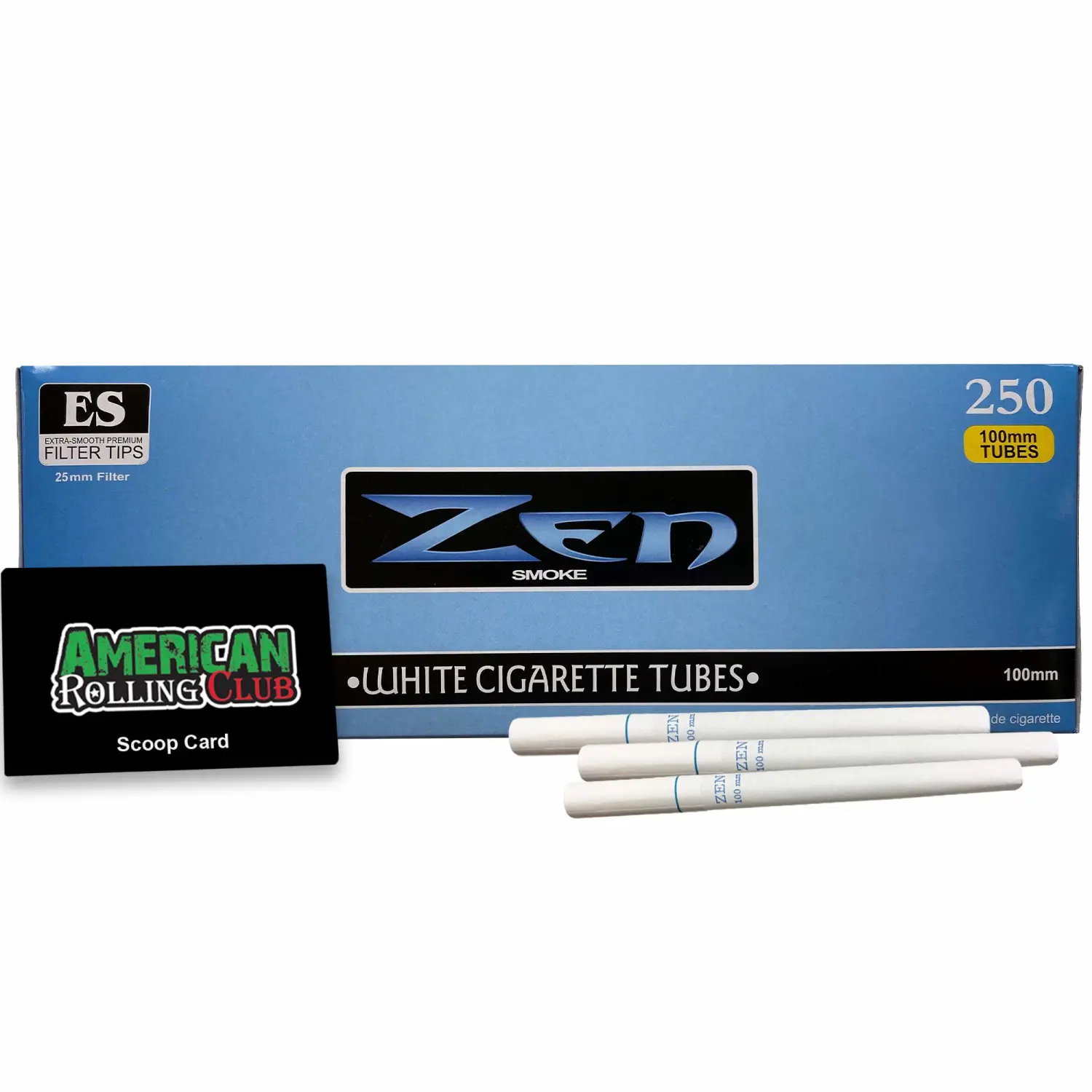Zen Cigarette Tubes | Light | 100's | Blue | 250 Tubes | Includes American Rolling Scoop Card