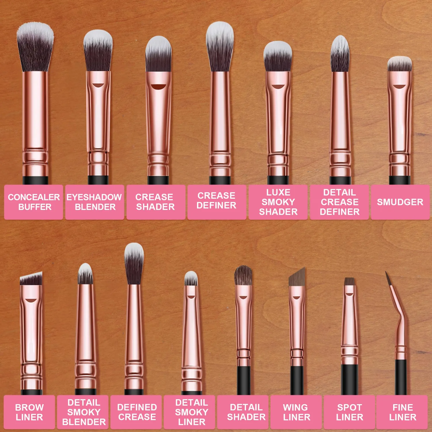 Bueart Design 15Pcs Professional Eye shadow brush set (Rose Gold & Black)
