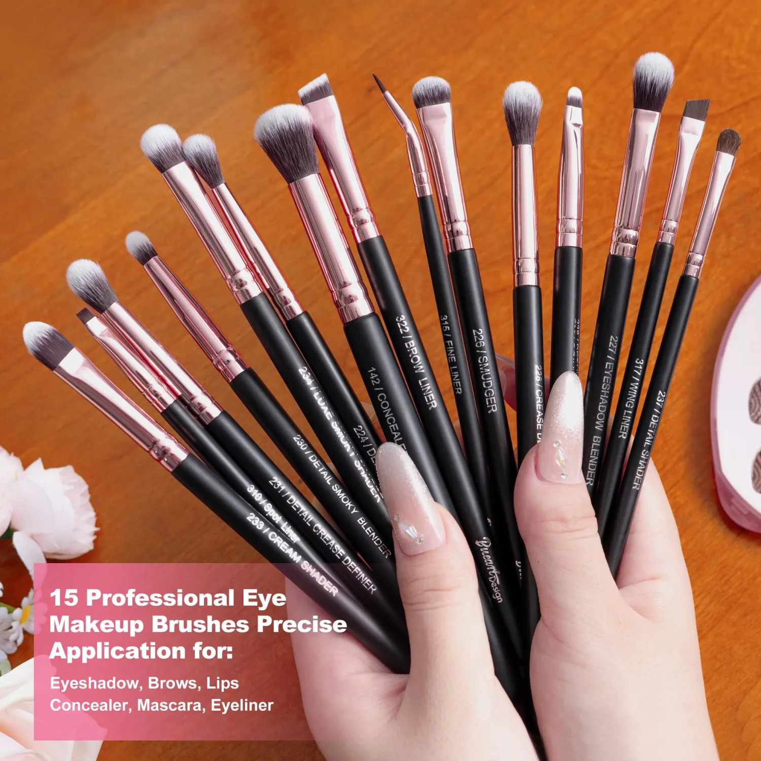 Bueart Design 15Pcs Professional Eye shadow brush set (Rose Gold & Black)