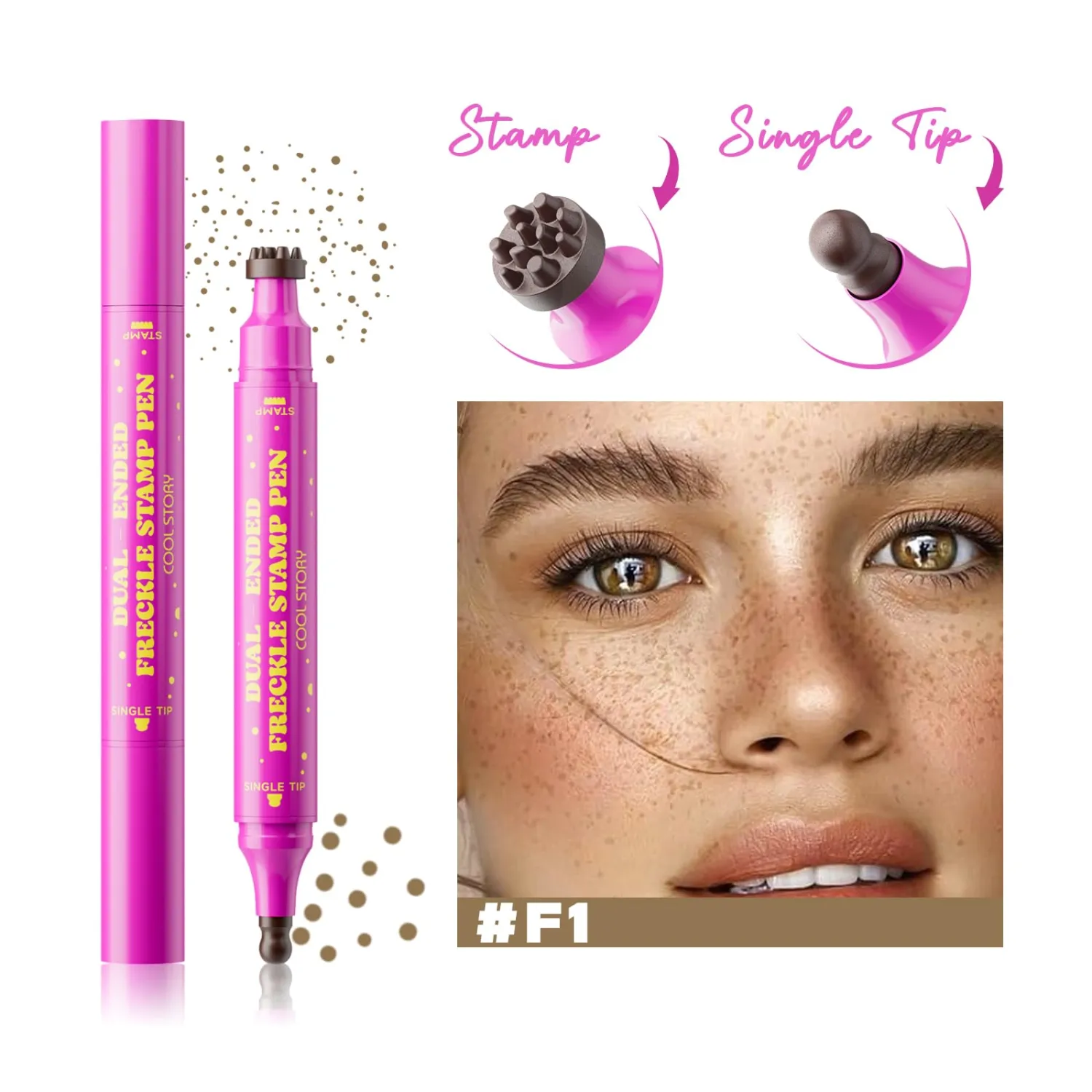 Dual-Ended Freckle Stamp Pen, Faux Freckles Makeup with Round Sponge Tip & Multi-Point Stamp, Waterproof Long Lasting Natural Freckle Pen for Beauty Marks, Face Makeup (01# Beige Brown)
