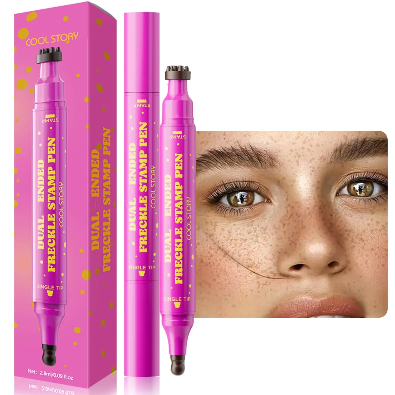 Dual-Ended Freckle Stamp Pen, Faux Freckles Makeup with Round Sponge Tip & Multi-Point Stamp, Waterproof Long Lasting Natural Freckle Pen for Beauty Marks, Face Makeup (01# Beige Brown)