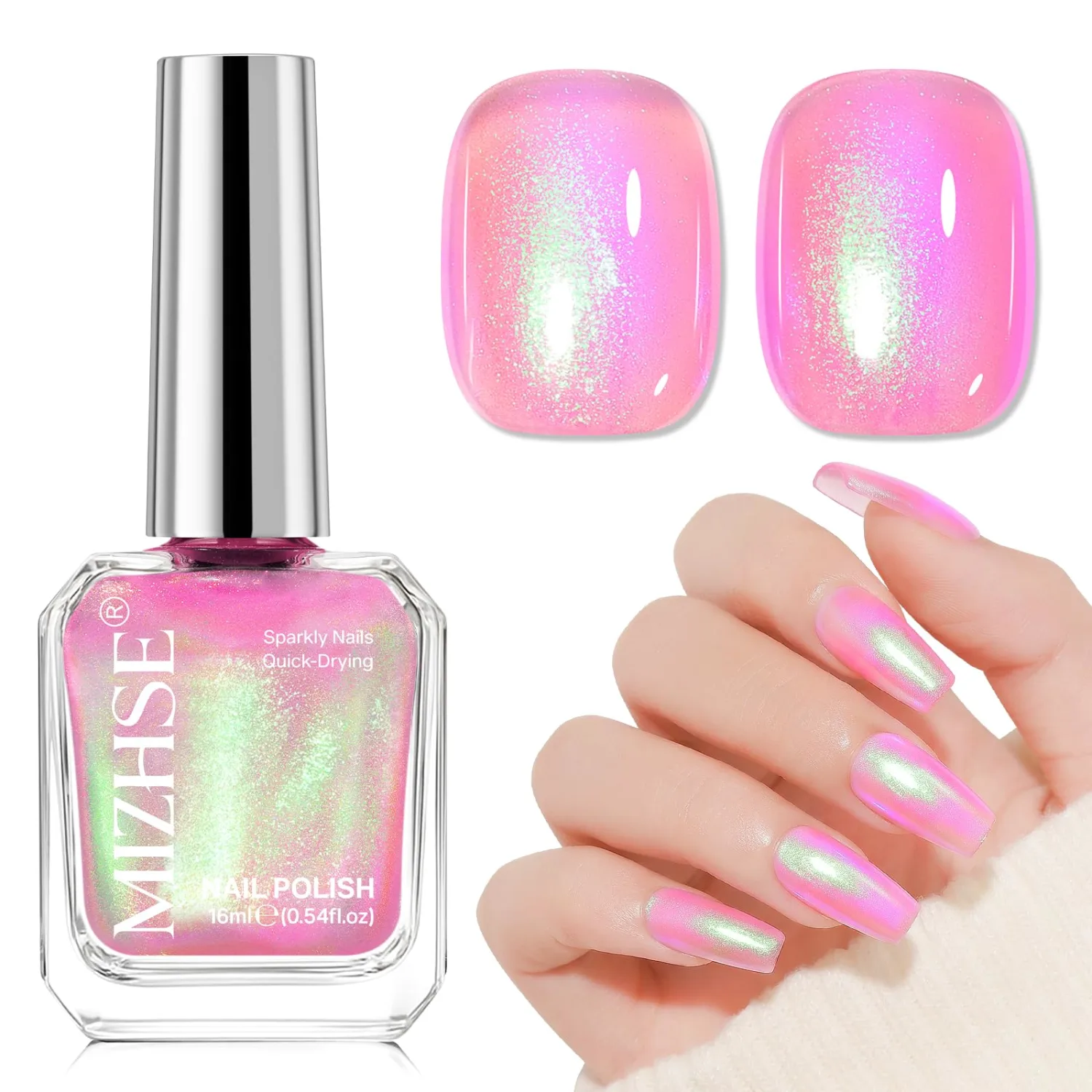 MIZHSE Iridescent Hot Pink Nail Polish, Quick Dry Pearl Nail Polish