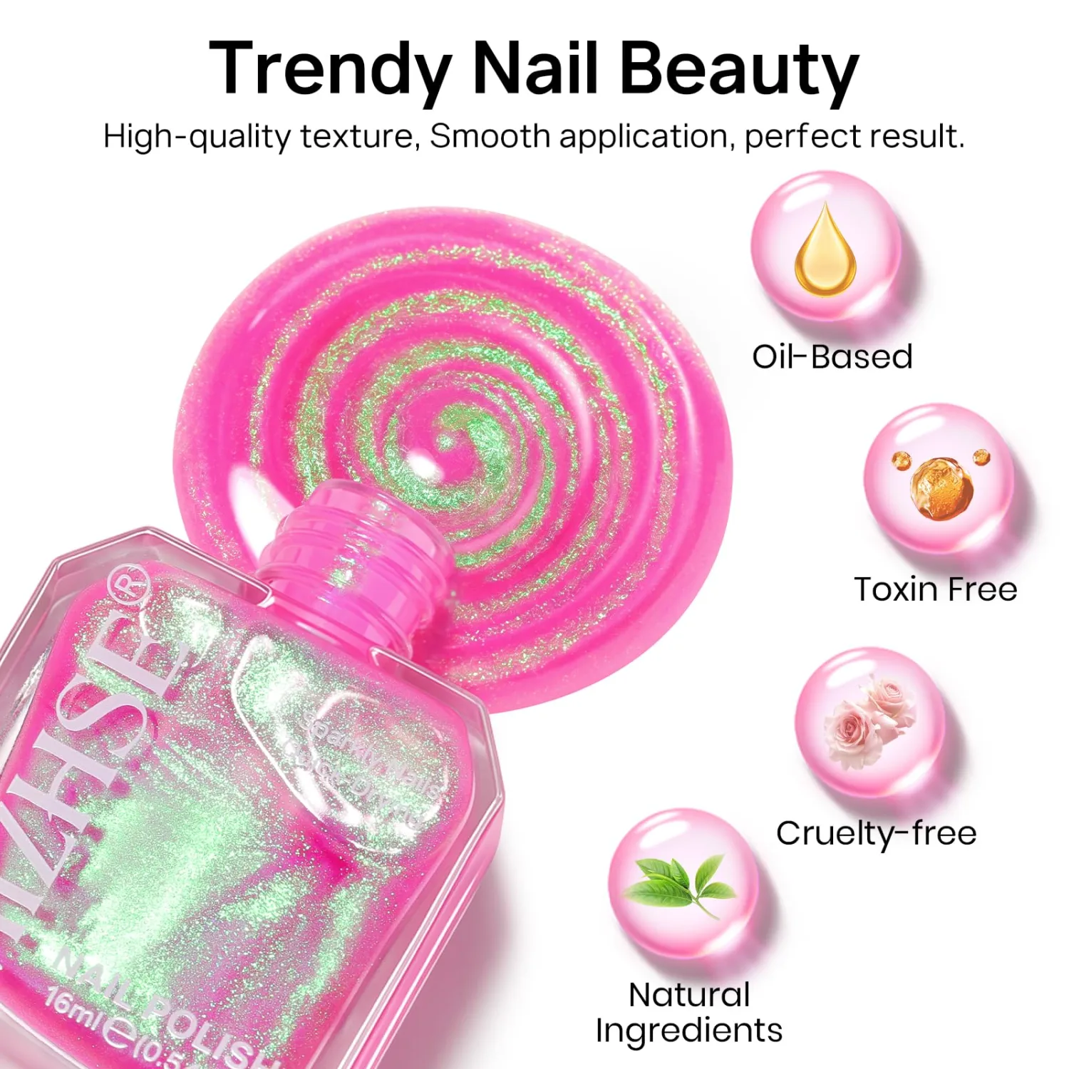 MIZHSE Iridescent Hot Pink Nail Polish, Quick Dry Pearl Nail Polish