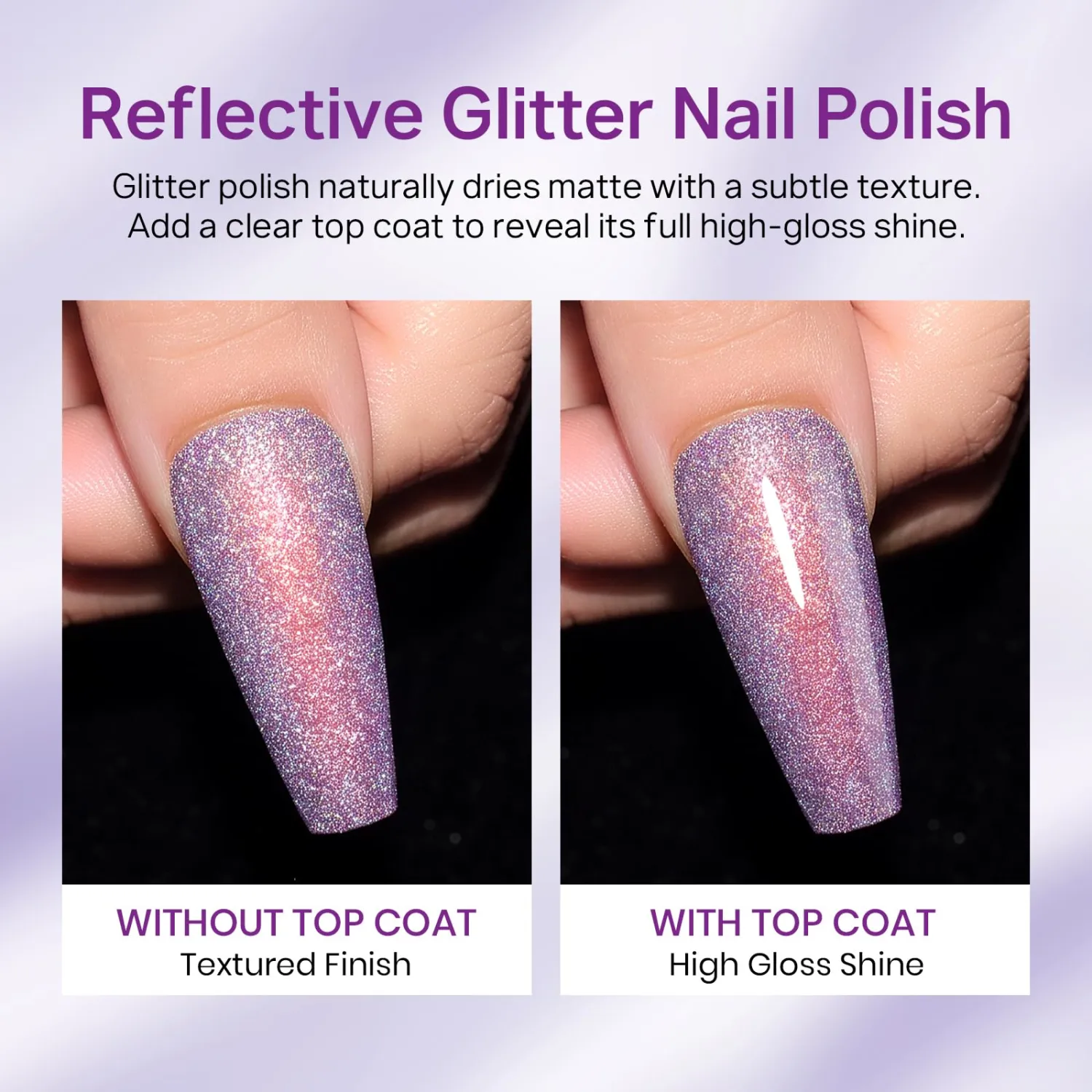 MIZHSE Reflective Glitter Nail Polish Quick Dry, Shimmer Purple Nail Polish