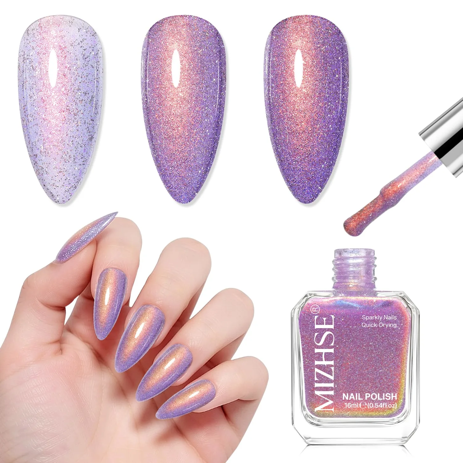 MIZHSE Reflective Glitter Nail Polish Quick Dry, Shimmer Purple Nail Polish