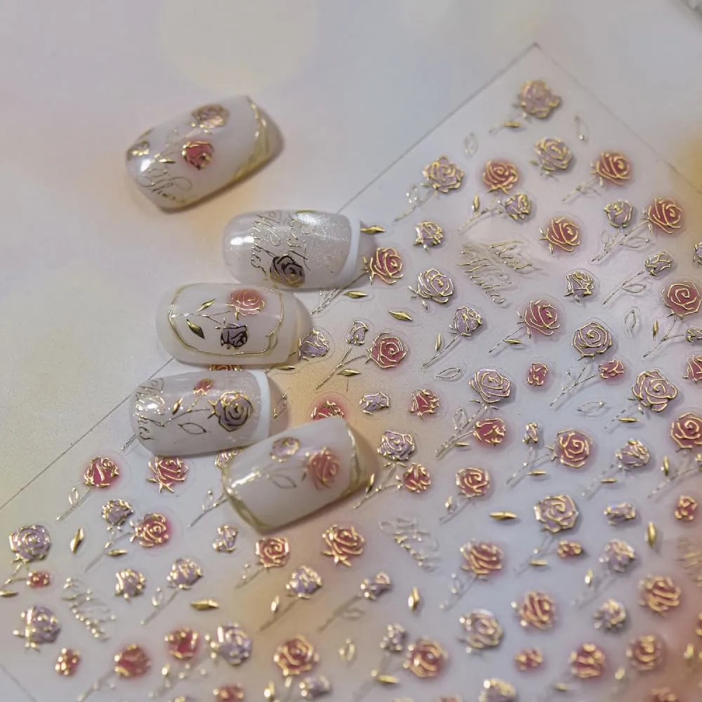 5D Embossed Nail Stickers, Premium Salon-Quality Self-Adhesive 3D Nail Art Decals, Refined Classic Designs for Easy DIY Manicure (Rose Gold)