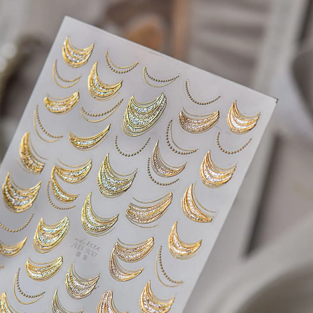 5D Embossed Nail Stickers, Premium Salon-Quality Self-Adhesive 3D Nail Art Decals, Refined Classic Designs for Easy DIY Manicure (Golden Crescent)