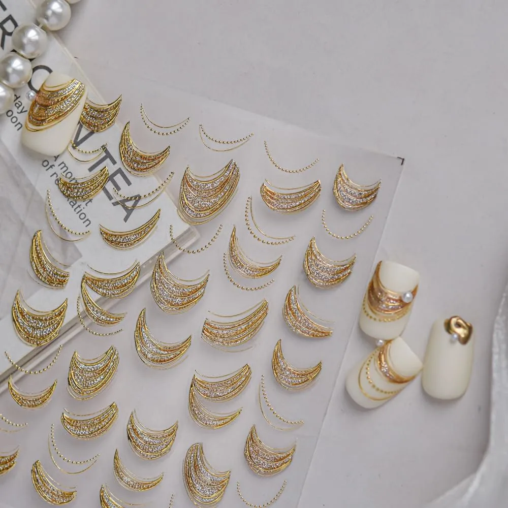 5D Embossed Nail Stickers, Premium Salon-Quality Self-Adhesive 3D Nail Art Decals, Refined Classic Designs for Easy DIY Manicure (Golden Crescent)