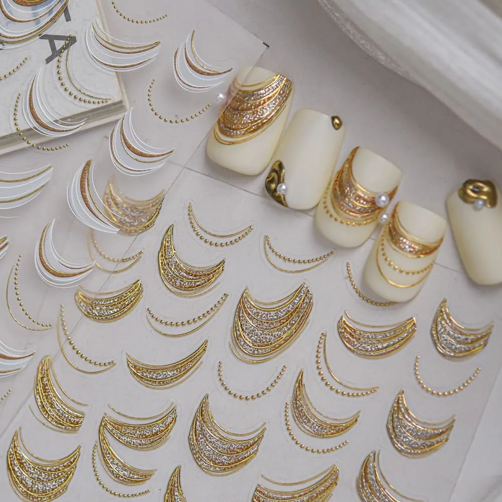 5D Embossed Nail Stickers, Premium Salon-Quality Self-Adhesive 3D Nail Art Decals, Refined Classic Designs for Easy DIY Manicure (Golden Crescent)