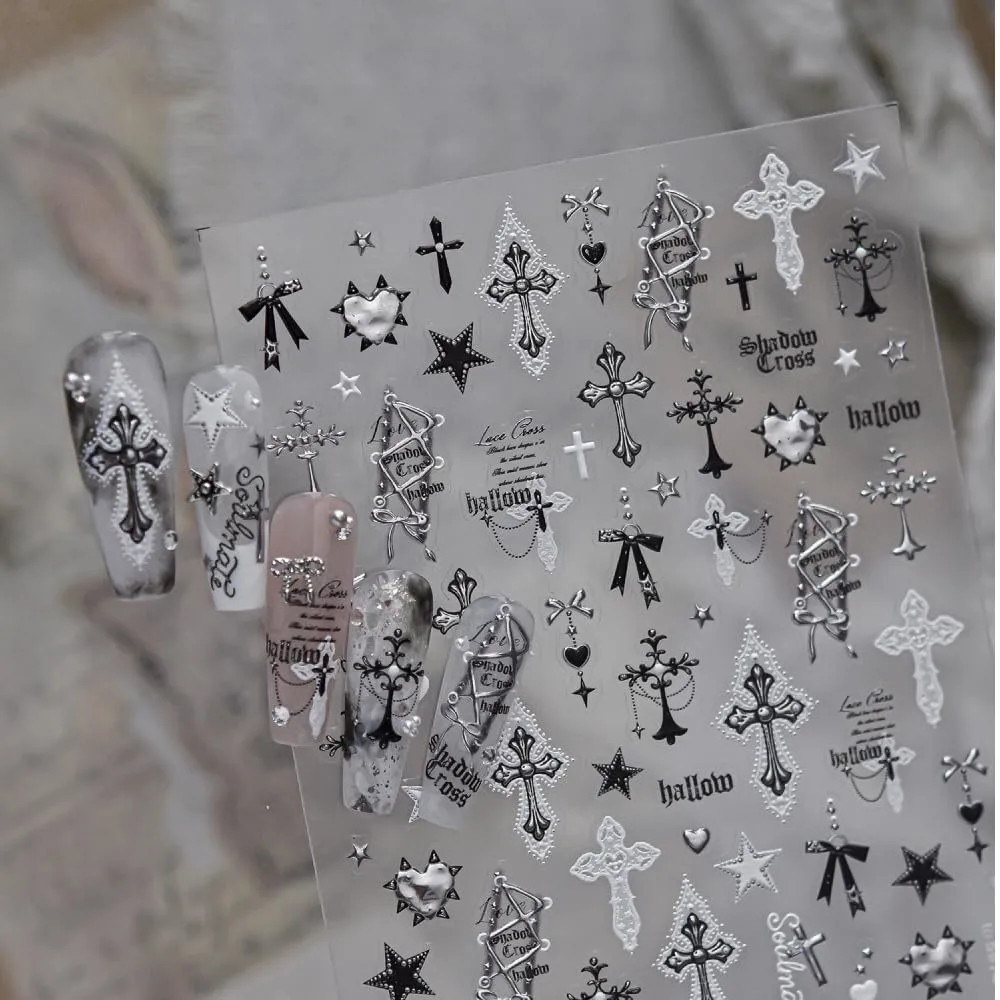 5D Embossed Nail Stickers, Premium Salon-Quality Self-Adhesive 3D Nail Art Decals, Refined Classic Designs for Easy DIY Manicure (Gothic Cross)
