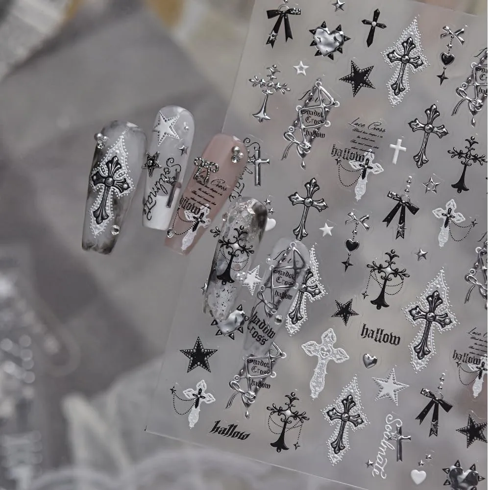 5D Embossed Nail Stickers, Premium Salon-Quality Self-Adhesive 3D Nail Art Decals, Refined Classic Designs for Easy DIY Manicure (Gothic Cross)