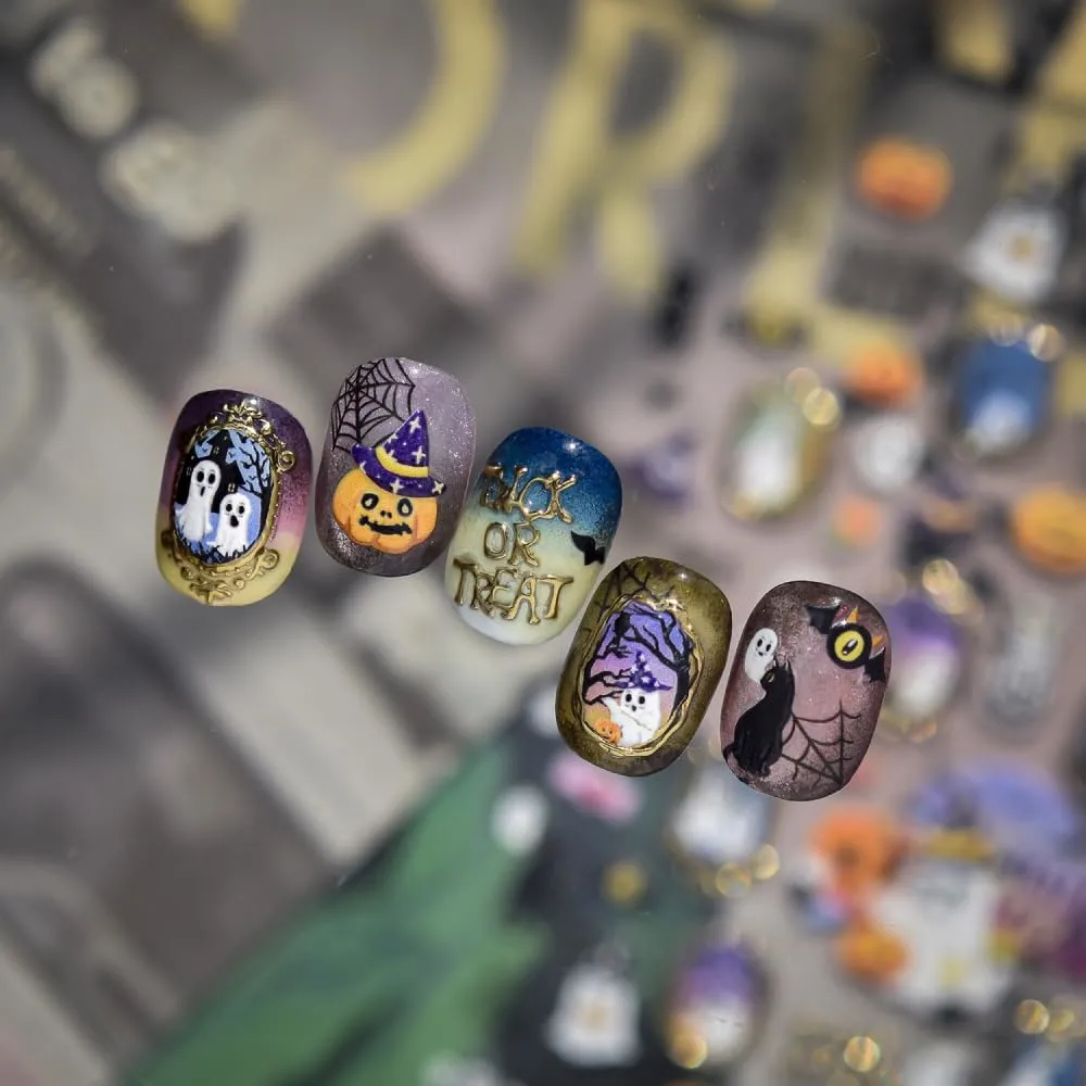 5D Embossed Nail Stickers, Premium Salon-Quality Self-Adhesive 3D Nail Art Decals, Refined Classic Designs for Easy DIY Manicure (Halloween)