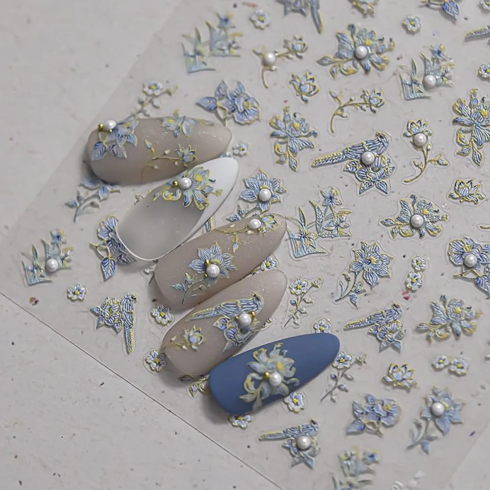 5D Embossed Nail Stickers, Premium Salon-Quality Self-Adhesive 3D Nail Art Decals, Refined Classic Designs for Easy DIY Manicure (Blue Toile)