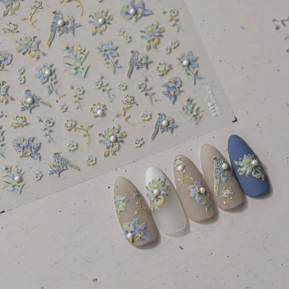 5D Embossed Nail Stickers, Premium Salon-Quality Self-Adhesive 3D Nail Art Decals, Refined Classic Designs for Easy DIY Manicure (Blue Toile)
