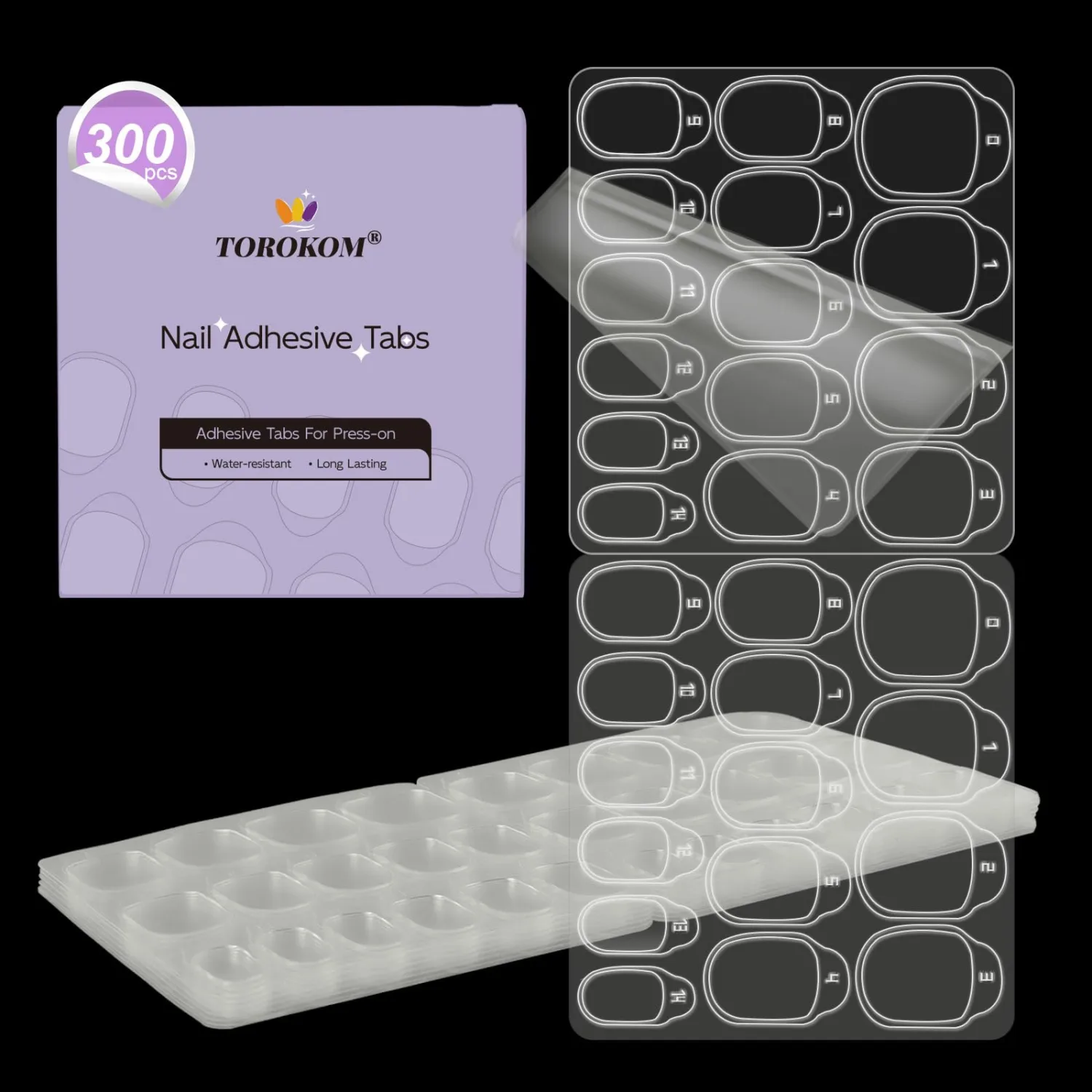 TOROKOM 300pcs False Nail Glue Tabs, 15 Sizes Waterproof Breathable Double Sided Sticky Jelly Gel Press on Nail Adhesive Tabs10 Sheets Transparent Glue Stickers Fit Most People