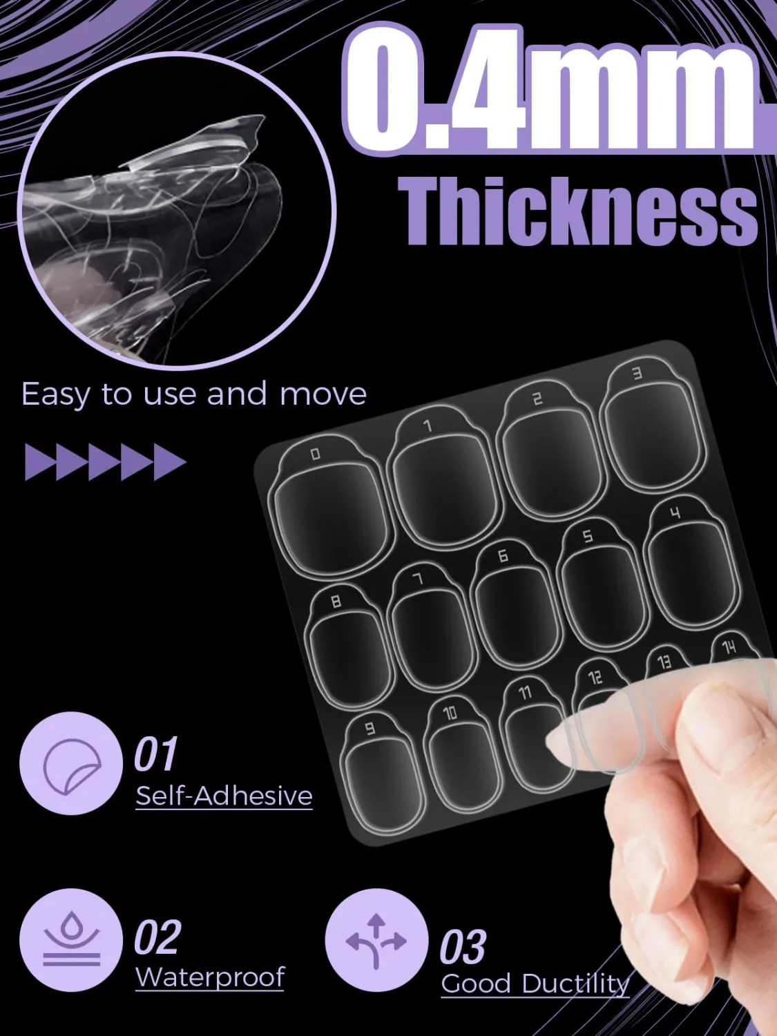 TOROKOM 300pcs False Nail Glue Tabs, 15 Sizes Waterproof Breathable Double Sided Sticky Jelly Gel Press on Nail Adhesive Tabs10 Sheets Transparent Glue Stickers Fit Most People