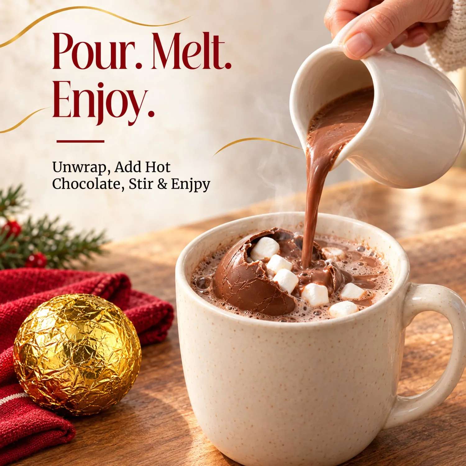 Christmas Hot Chocolate Bombs with Marshmallows – 4 Pack Milk Chocolate Cocoa Bombs – Filled with Mini Marshmallows – Hot Cocoa Treats for Christmas, Winter & Holiday Parties