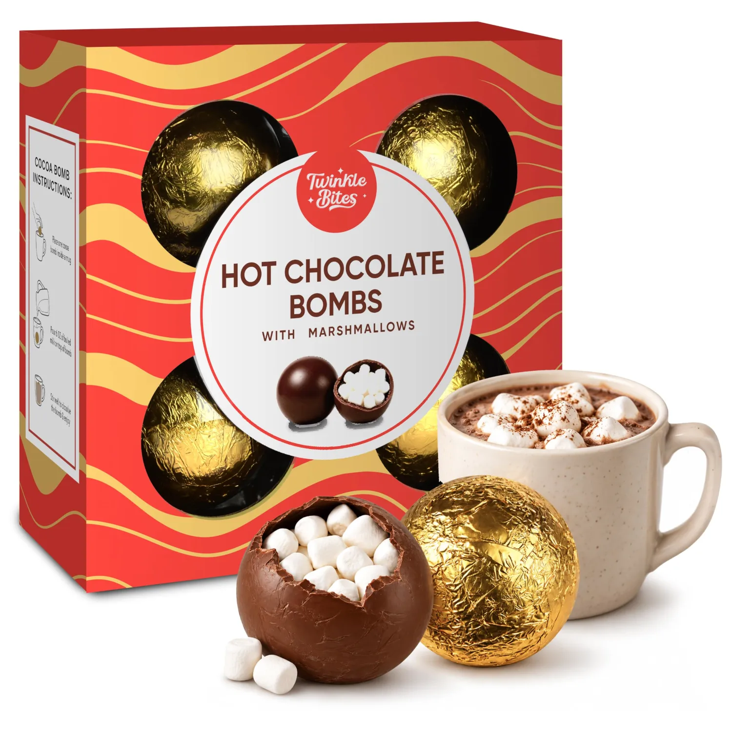 Christmas Hot Chocolate Bombs with Marshmallows – 4 Pack Milk Chocolate Cocoa Bombs – Filled with Mini Marshmallows – Hot Cocoa Treats for Christmas, Winter & Holiday Parties
