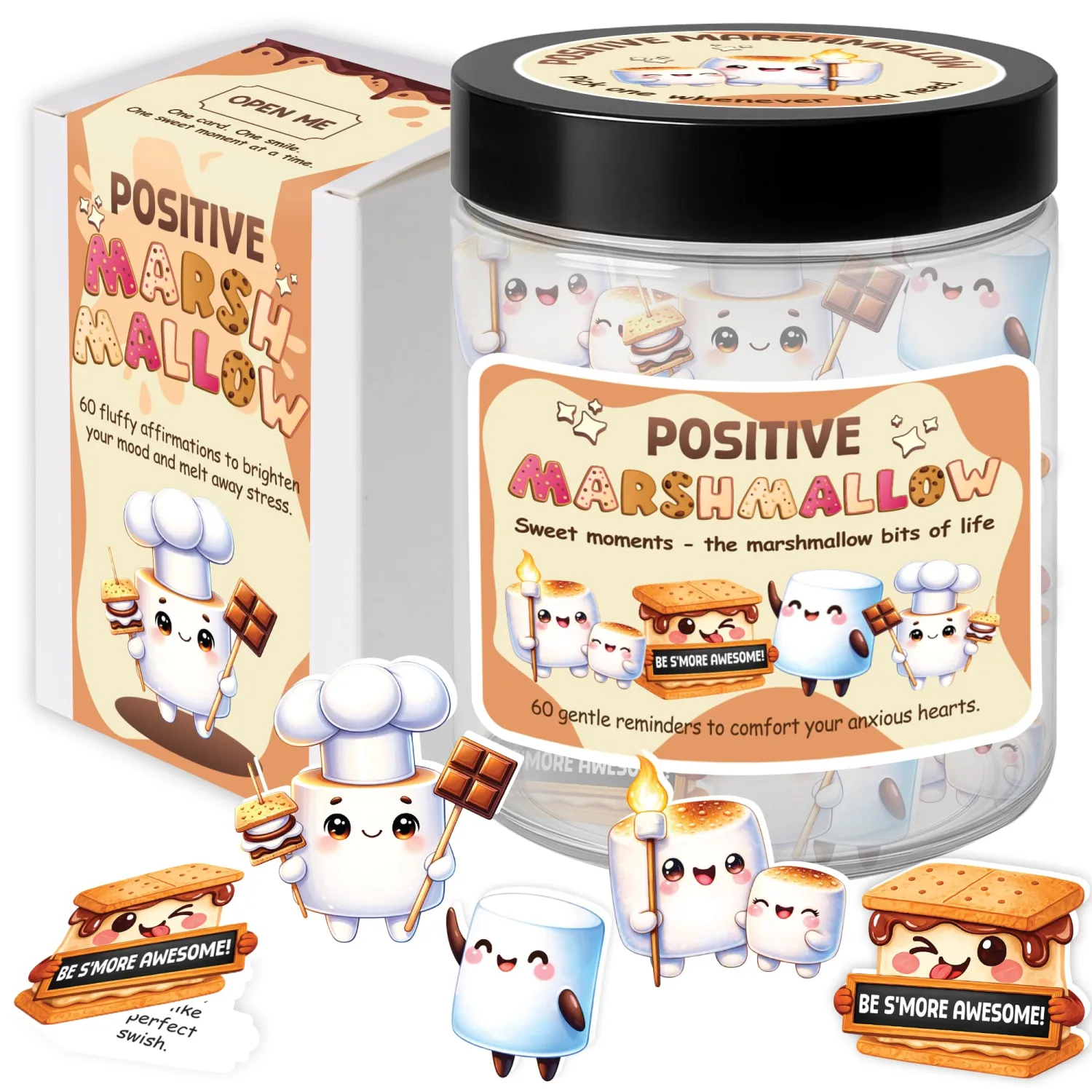 Positive Marshmallow Jar - 60PCS Emotional Support Affirmation Cards Birthday Gifts Easter for Women Men Teen Inspirational Self Care Inspirational Gifts for Friend Coworker Teacher Mom Sister
