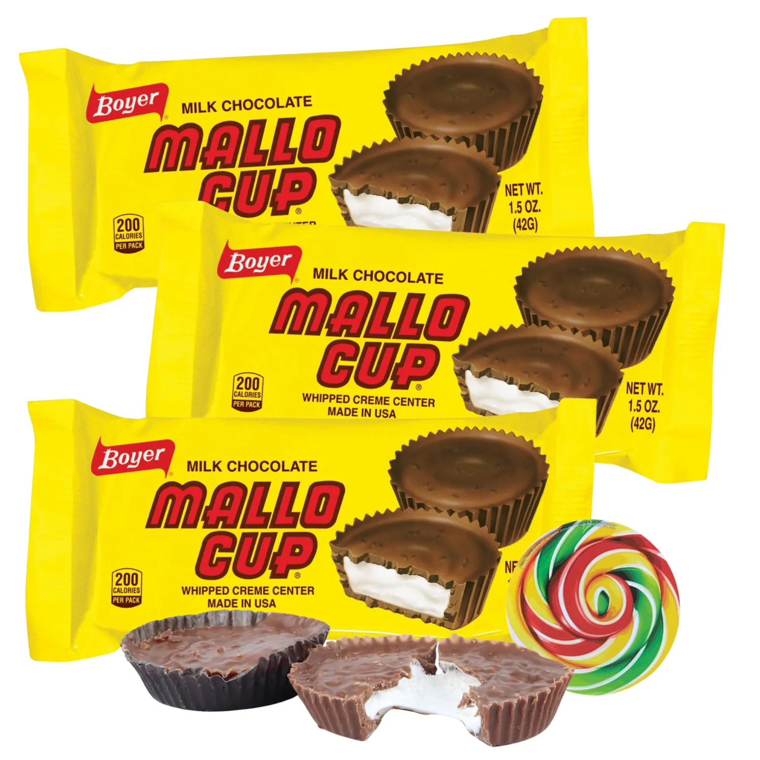 Sweetzo - Boyer Mallo Cups, Milk Chocolate Candies with Gooey Marshmallow Center, Individually Wrapped Pieces, 1.5 Ounces (Pack of 3)