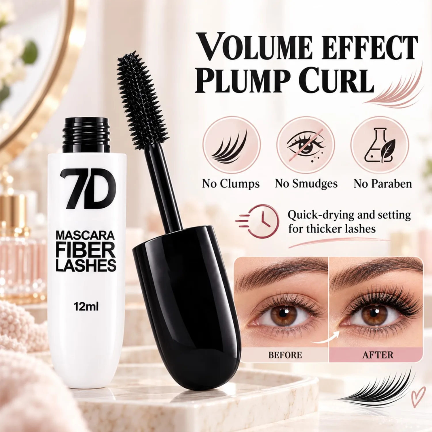 3Pcs 7D Silk Fiber Black Lengthening Mascara, 7D Waterproof Mascara, Long-Lasting & Buildable Volume, Natural Length, Exquisitely Full Lashes, Smudge-Proof, Thickening Eye Makeup for Defined Curl