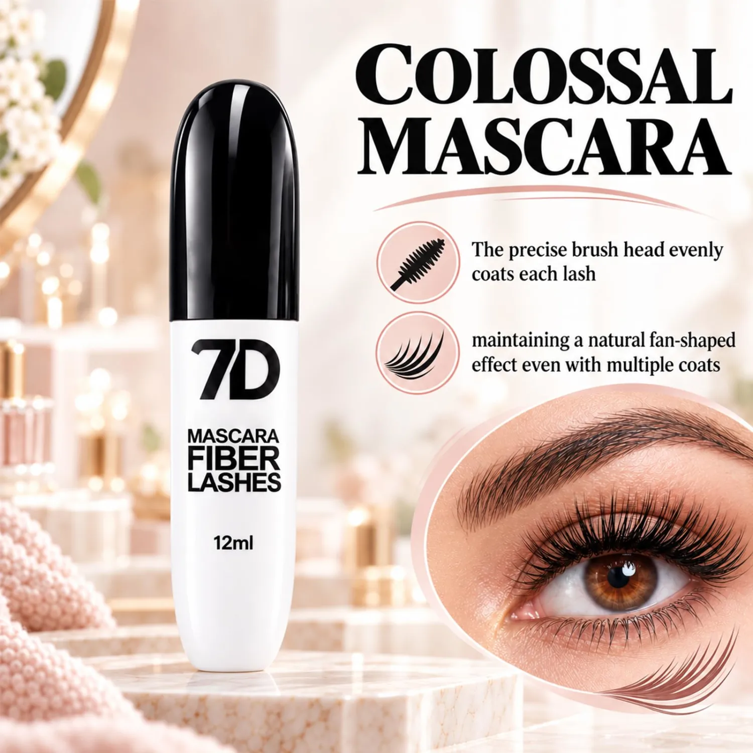 3Pcs 7D Silk Fiber Black Lengthening Mascara, 7D Waterproof Mascara, Long-Lasting & Buildable Volume, Natural Length, Exquisitely Full Lashes, Smudge-Proof, Thickening Eye Makeup for Defined Curl
