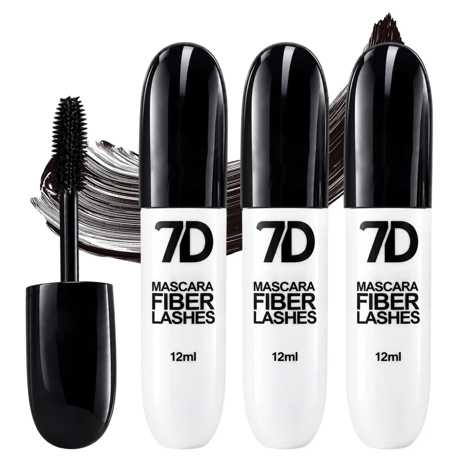 3Pcs 7D Silk Fiber Black Lengthening Mascara, 7D Waterproof Mascara, Long-Lasting & Buildable Volume, Natural Length, Exquisitely Full Lashes, Smudge-Proof, Thickening Eye Makeup for Defined Curl
