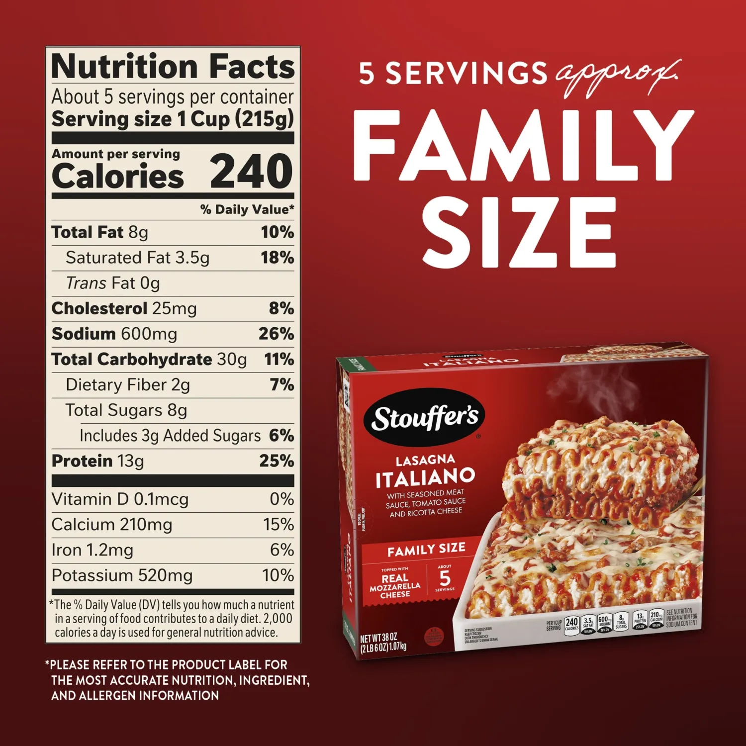 Stouffer's Lasagna Italiano, Family Size Frozen Meal, 38 Oz
