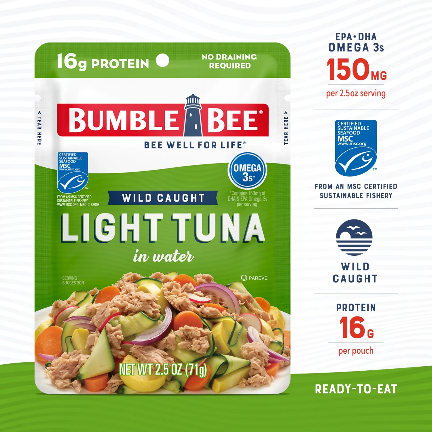 Bumble Bee Chunk Light Tuna in Water, 2.5 oz Pouch (Pack of 5)