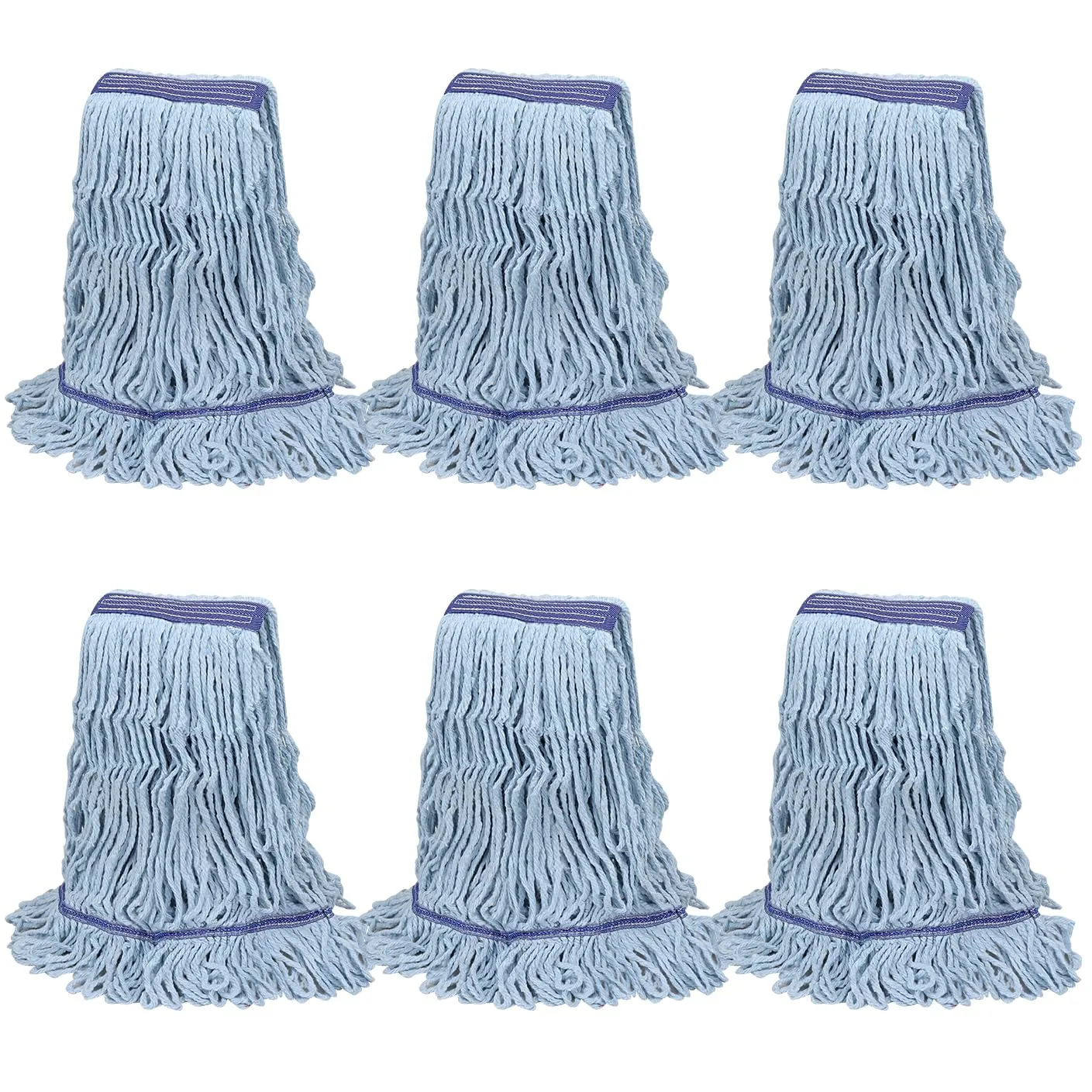 Commercial Heavy Duty Mop Heads Replacement: 6 Pack Industrial Wet Reusable Mop Head for Floor Cleaning, Washable Refills Blue Cotton Looped End String Mopheads for General Maintenance