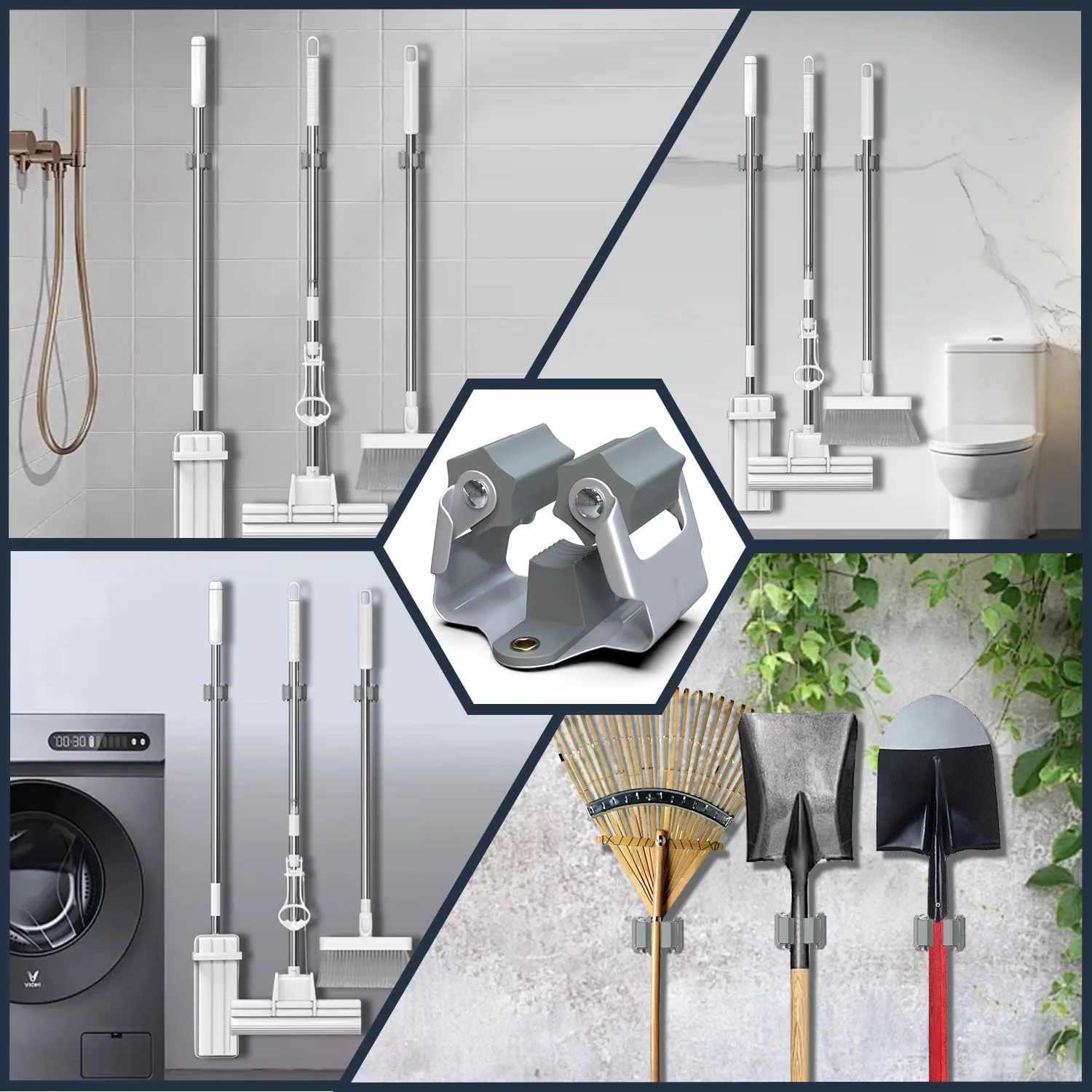 3-H 4 Pack Mop and Broom Holder Big Size Hanging 1 KG Extra,Matte Grey