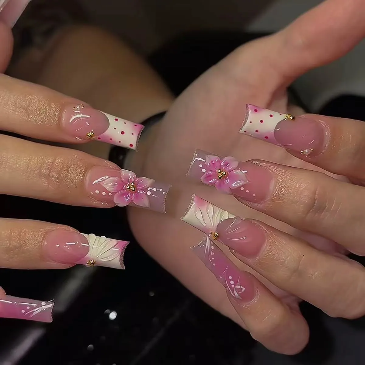 Press On Nails Square Fake Nails Summer 3D Flower French Tip Nails For Women Uñas Postizas