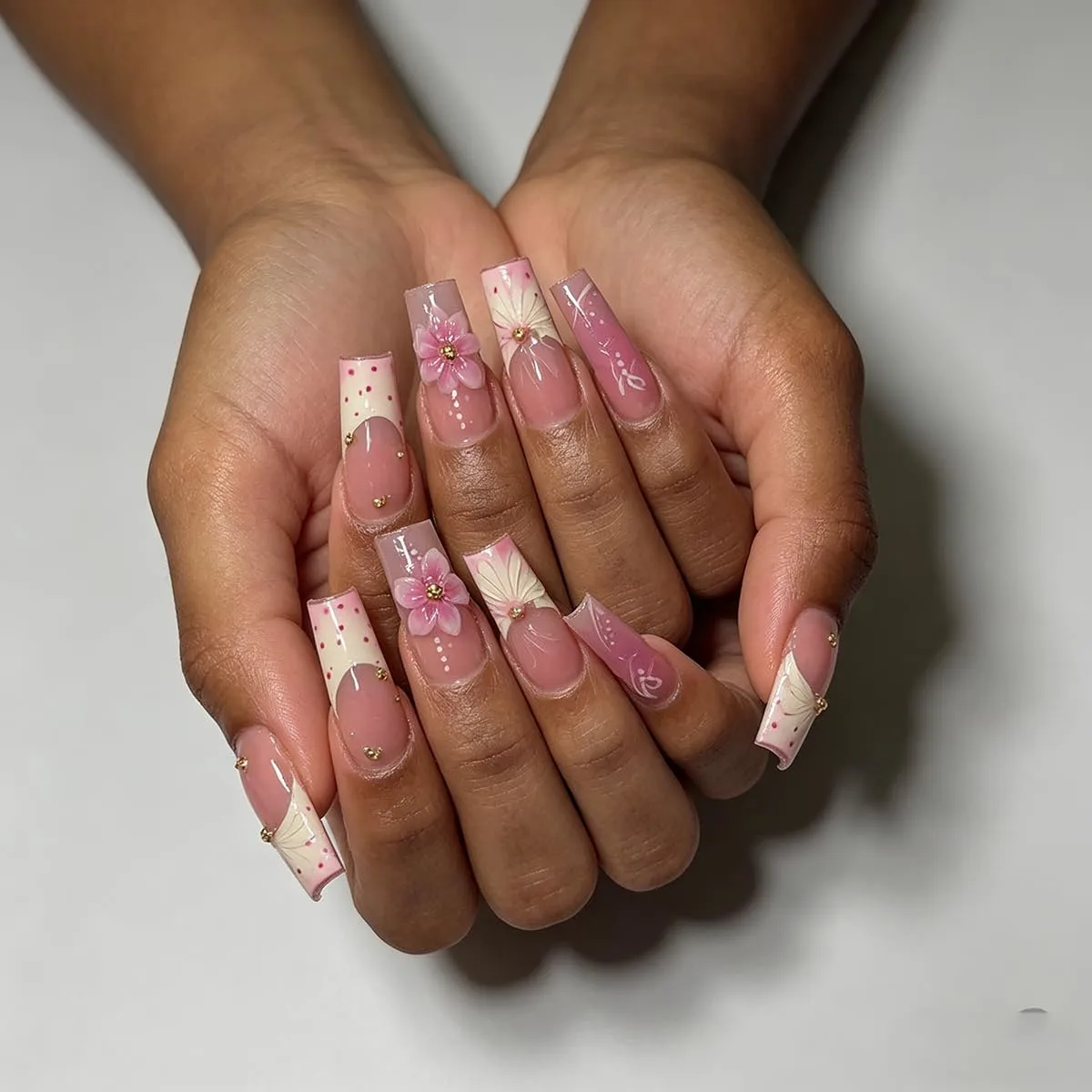 Press On Nails Square Fake Nails Summer 3D Flower French Tip Nails For Women Uñas Postizas
