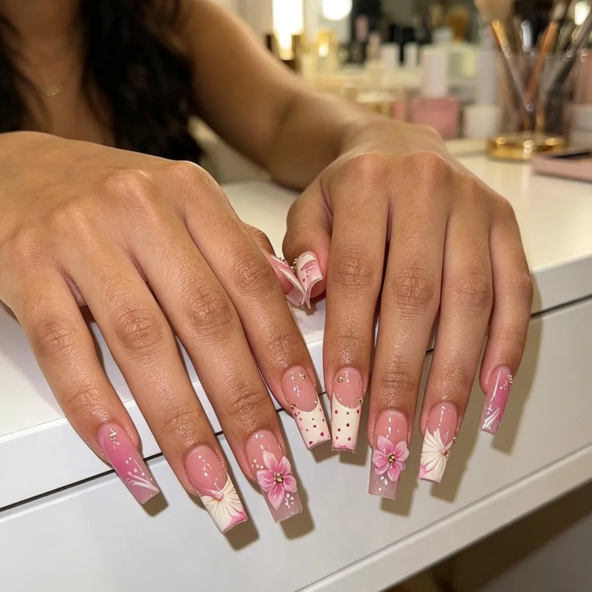 Press On Nails Square Fake Nails Summer 3D Flower French Tip Nails For Women Uñas Postizas