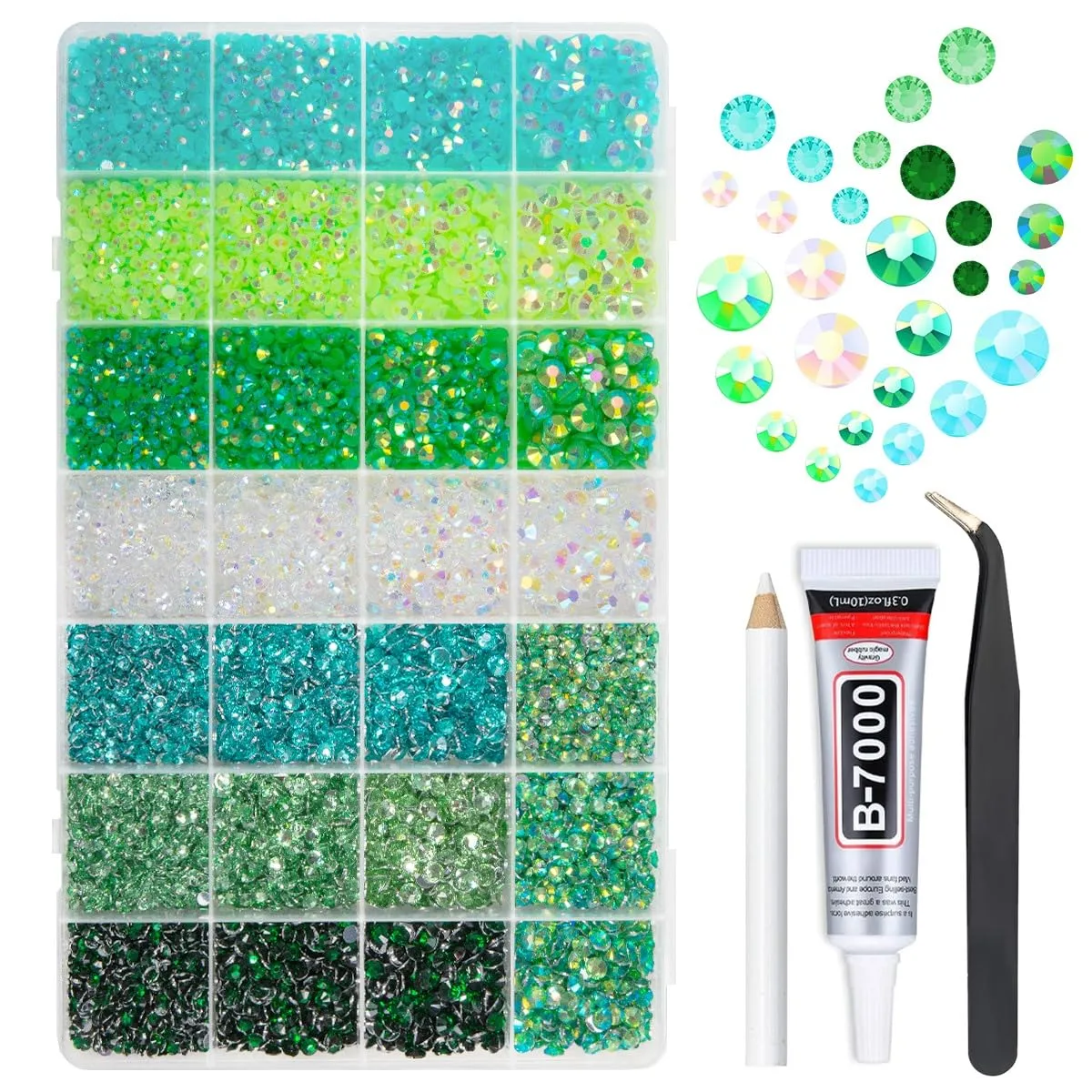 qiipii 28 Types Green Jelly Resin Rhinestones w B7000 Jewelry Glue for Bedazzling Crafting 3mm-6mm Flatback Colorful Light Green Dark Green AB Stones Gems Diamonds for Nail Face Makeup Crafts Tumblers