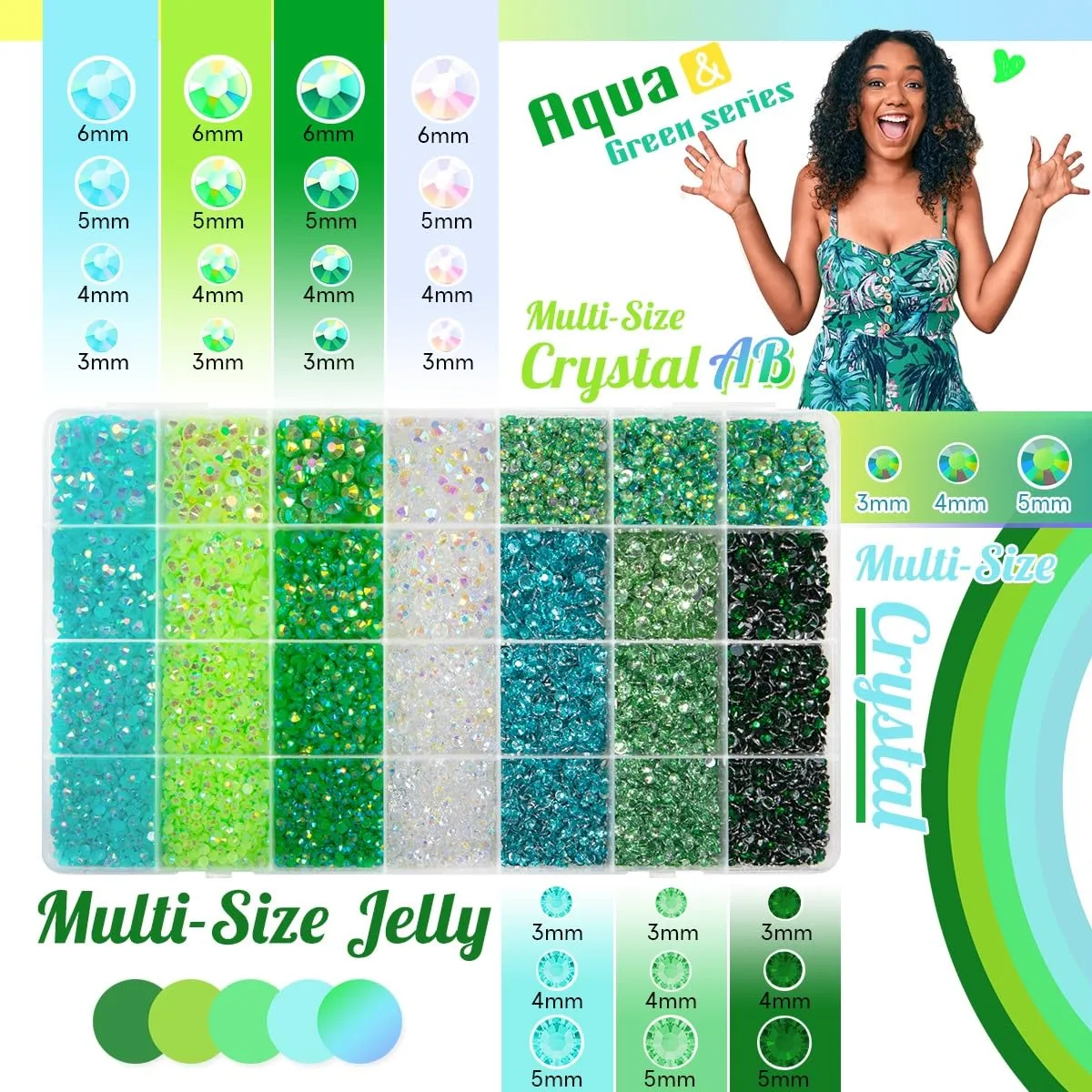 qiipii 28 Types Green Jelly Resin Rhinestones w B7000 Jewelry Glue for Bedazzling Crafting 3mm-6mm Flatback Colorful Light Green Dark Green AB Stones Gems Diamonds for Nail Face Makeup Crafts Tumblers