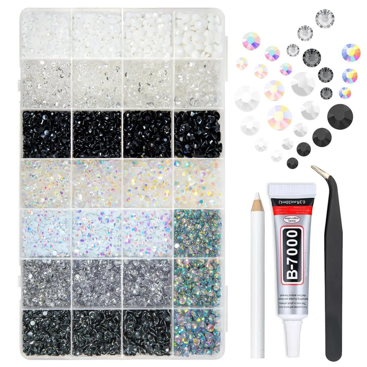 qiipii 28 Types Black White Silver Clear Jelly Resin Rhinestones w B7000 Glue for Bedazzling Crafting 3-6mm Flatback Stones Gems Diamonds Crystals for Face Makeup Crafts Tumblers Bottles Clothes Shoes