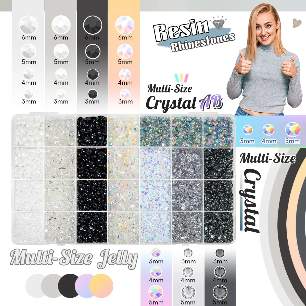 qiipii 28 Types Black White Silver Clear Jelly Resin Rhinestones w B7000 Glue for Bedazzling Crafting 3-6mm Flatback Stones Gems Diamonds Crystals for Face Makeup Crafts Tumblers Bottles Clothes Shoes