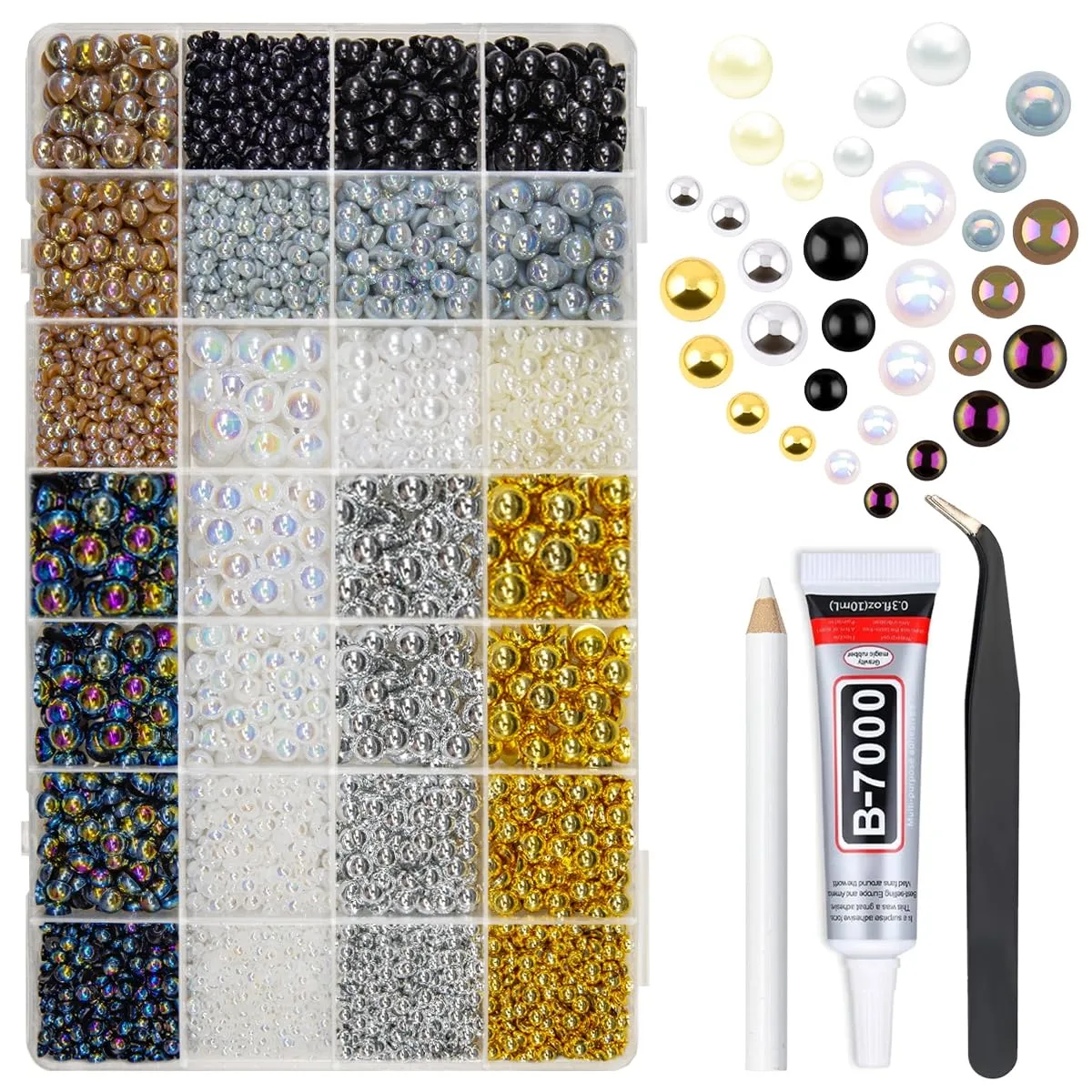 qiipii 28 Types Flatback Half Pearls w B7000 Jewelry Glue for Bedazzling Crafting 3mm 4mm 6mm 8mm 10mm Colorful Golden Silver Black White AB Charms for Nails Face Eyes Makeup Crafts Tumblers Bottles
