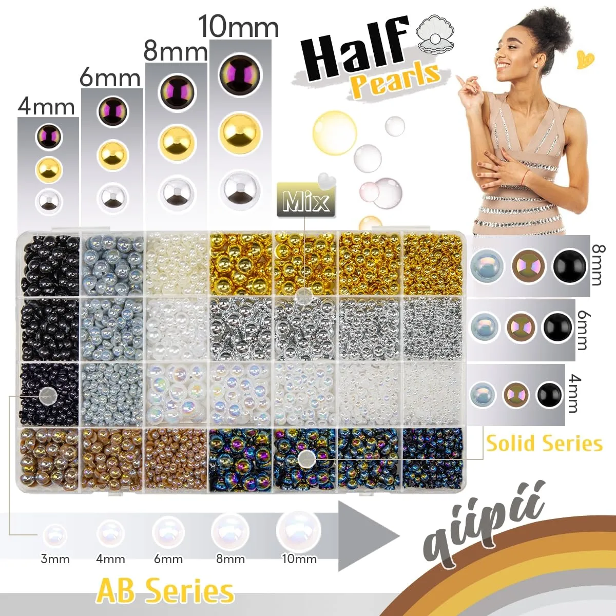 qiipii 28 Types Flatback Half Pearls w B7000 Jewelry Glue for Bedazzling Crafting 3mm 4mm 6mm 8mm 10mm Colorful Golden Silver Black White AB Charms for Nails Face Eyes Makeup Crafts Tumblers Bottles