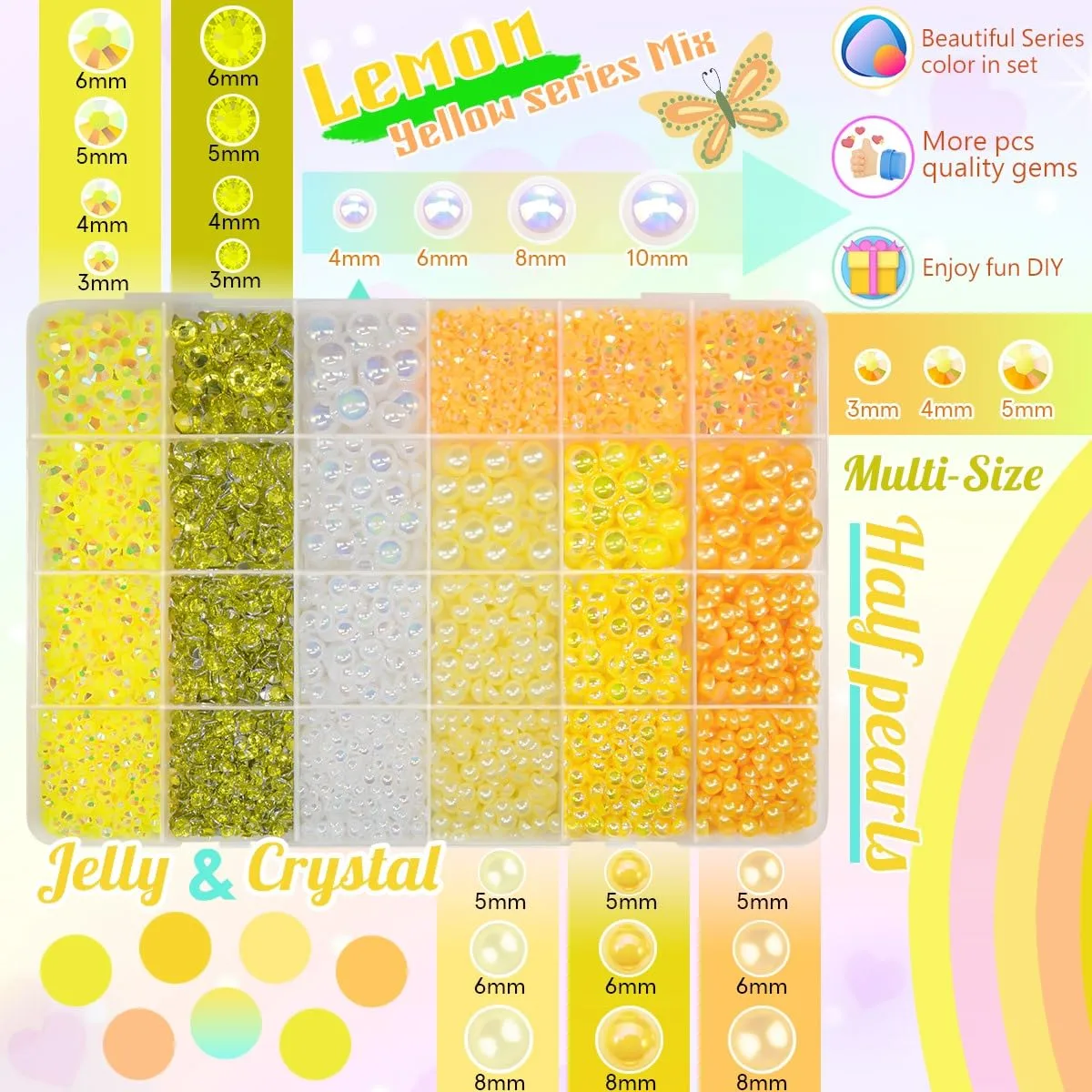 qiipii Lemon Yellow 3mm-10mm Flatback Pearls and Rhinestones w B7000 Jewelry Glue for Bedazzling Crafting Half Pearls Resin Stones Diamonds for Face Eyes Makeup Tumblers Bottles Crafts Grad Cap Shoes