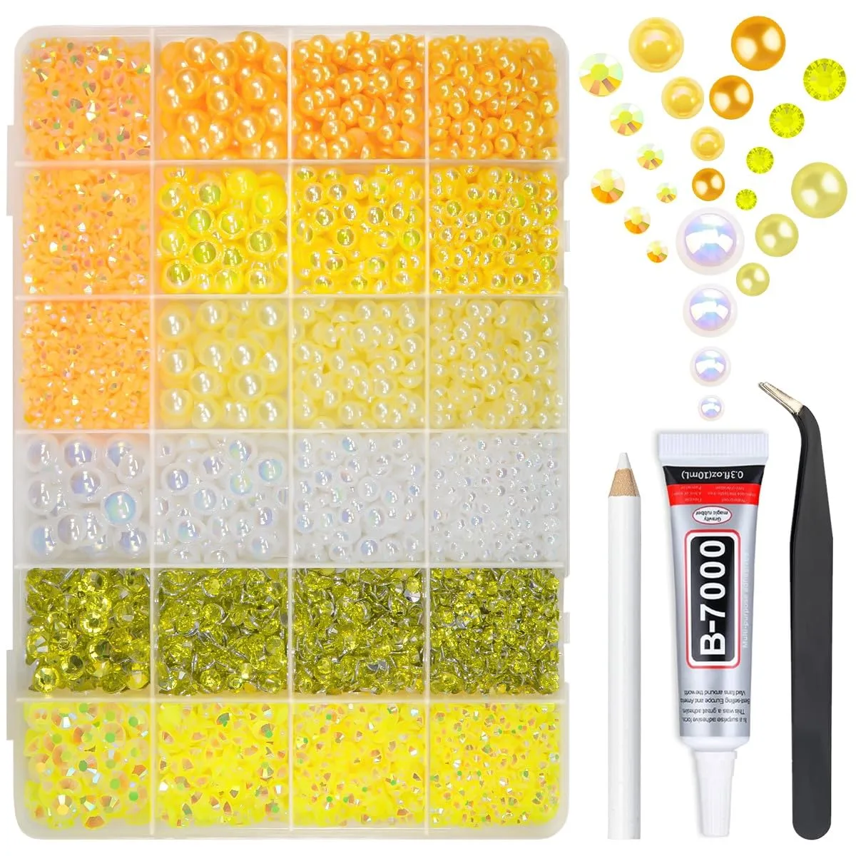 qiipii Lemon Yellow 3mm-10mm Flatback Pearls and Rhinestones w B7000 Jewelry Glue for Bedazzling Crafting Half Pearls Resin Stones Diamonds for Face Eyes Makeup Tumblers Bottles Crafts Grad Cap Shoes