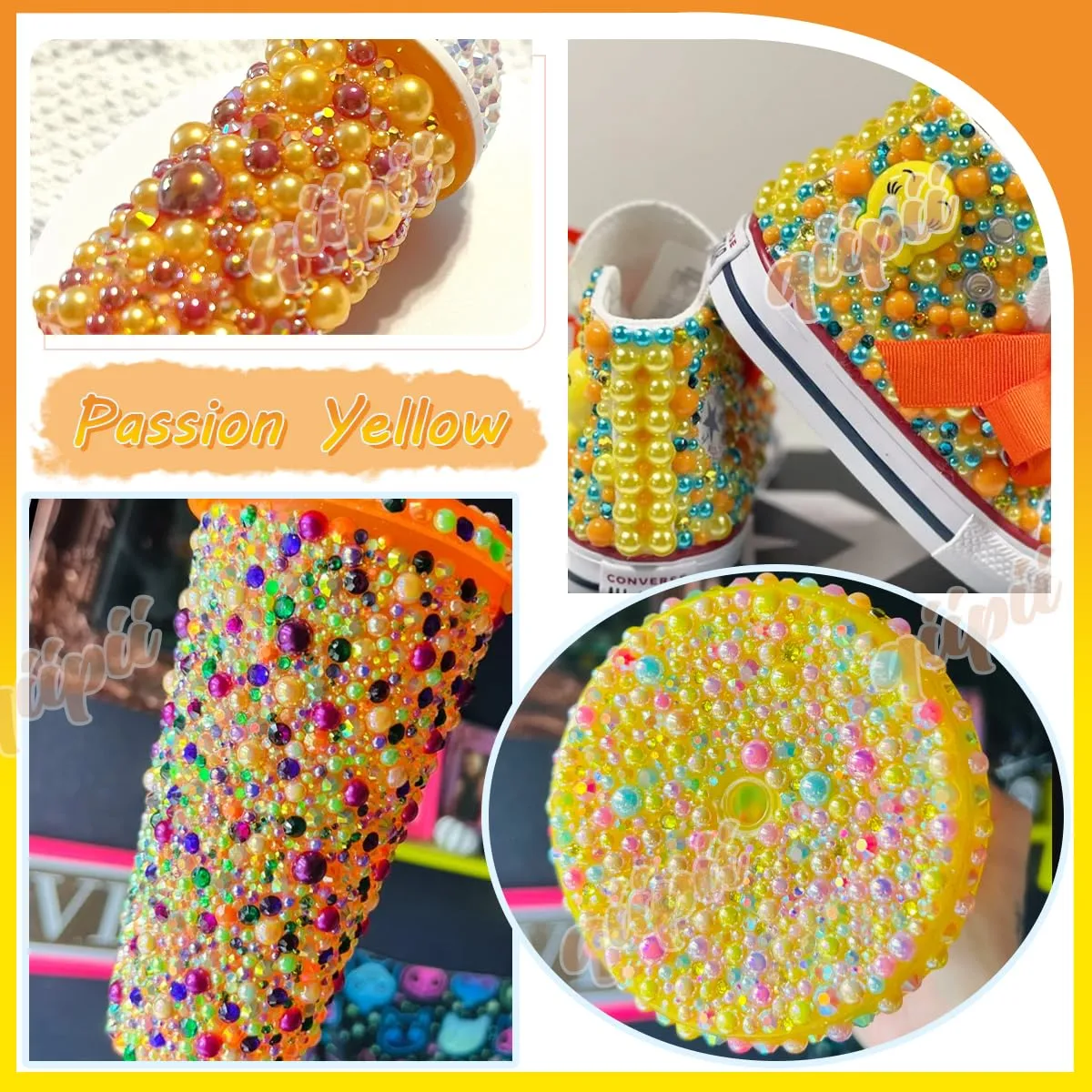 qiipii Lemon Yellow 3mm-10mm Flatback Pearls and Rhinestones w B7000 Jewelry Glue for Bedazzling Crafting Half Pearls Resin Stones Diamonds for Face Eyes Makeup Tumblers Bottles Crafts Grad Cap Shoes