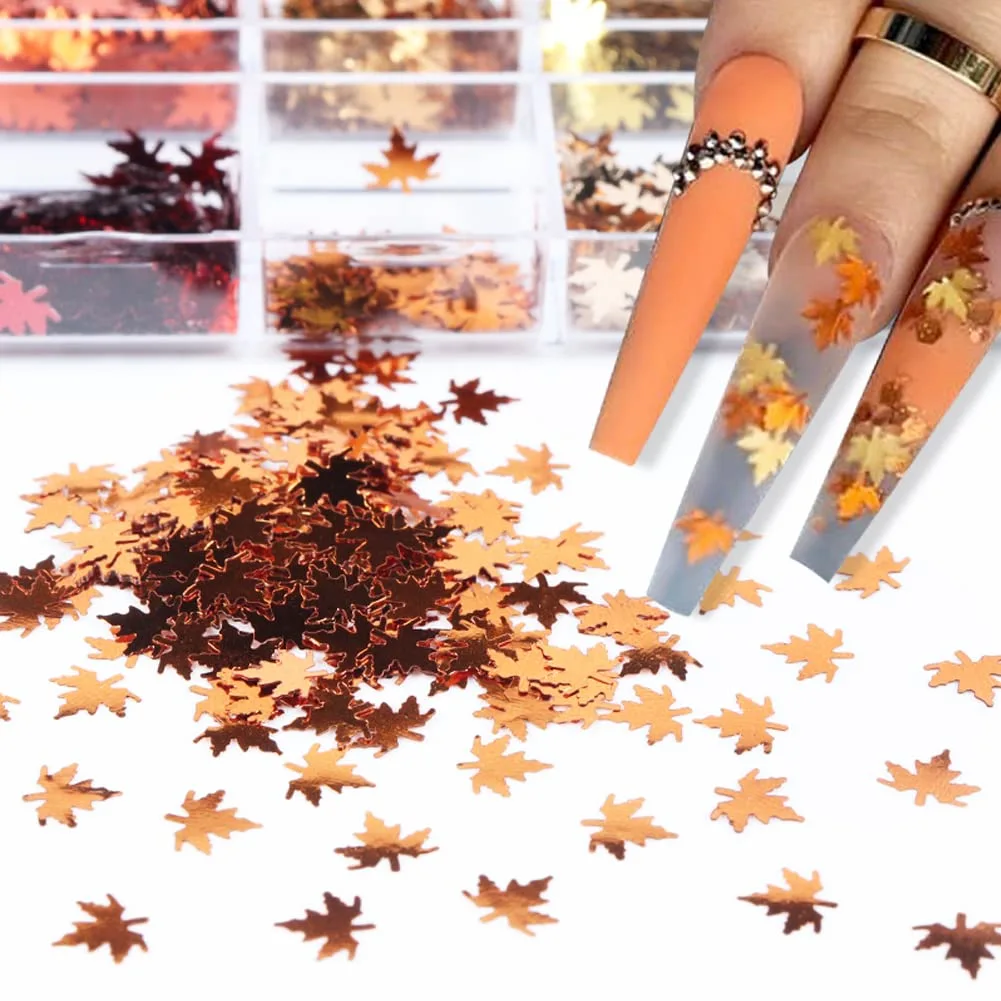 Fall Nail Art Glitters Sequins Kit -12 Colors Fall Nail Art Stickers Retro Maple Leaf Shape Decals Maple Leaves Glitter Sequins Vintage Autumn Winter Supplies Manicure Design Nail Decoration Accessory