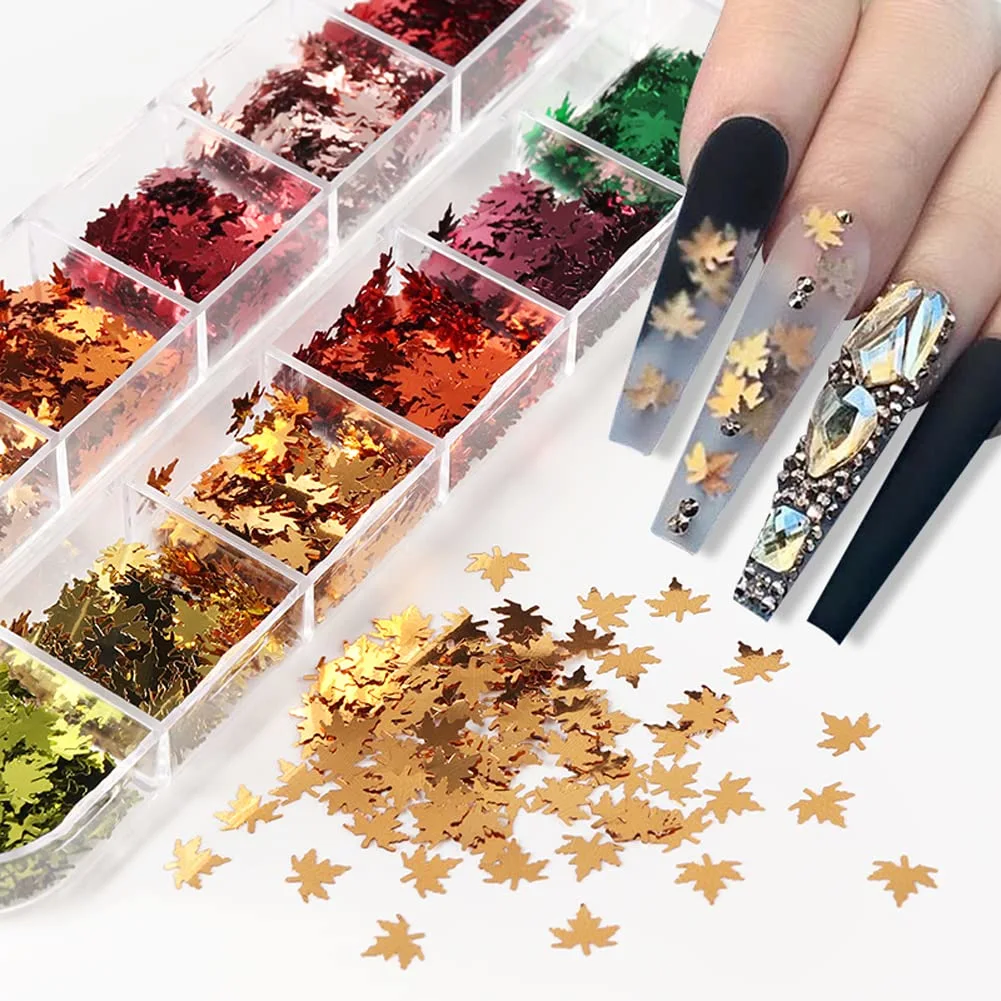 Fall Nail Art Glitters Sequins Kit -12 Colors Fall Nail Art Stickers Retro Maple Leaf Shape Decals Maple Leaves Glitter Sequins Vintage Autumn Winter Supplies Manicure Design Nail Decoration Accessory