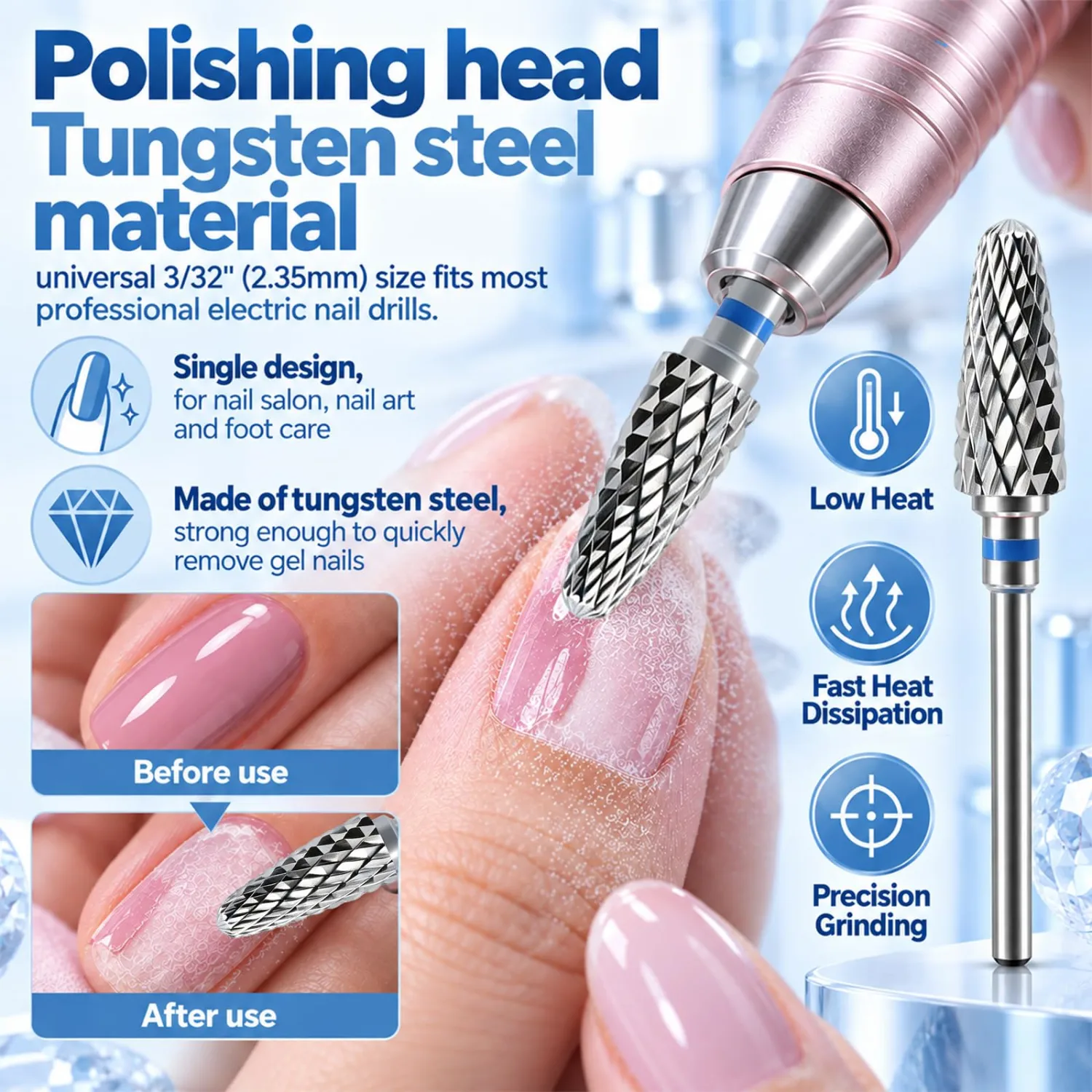 Tungsten Carbide Nail Drill Bit, Nail Drill Bit for Electric Nail File 3/32" Shank, Professional Nail Bit for Remove Gel Acrylic Nails, Salon Home Use (Medium M)